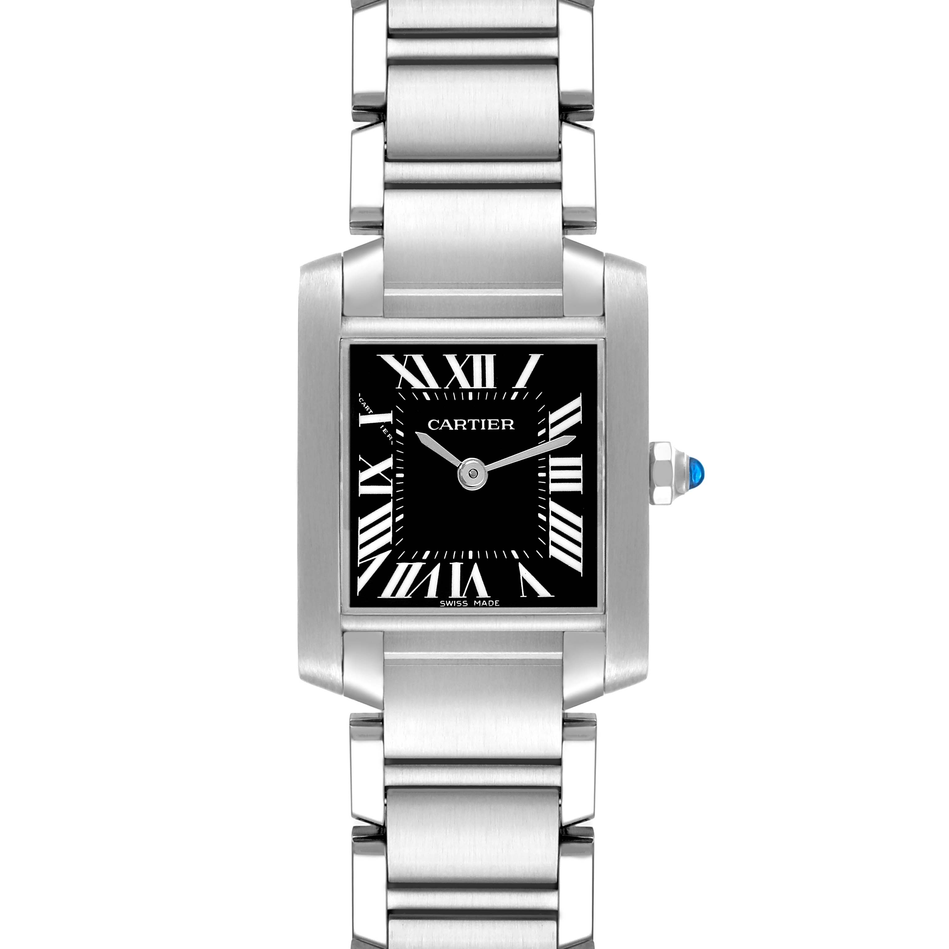 The image shows a Cartier Tank Française watch, viewed from the front, highlighting the dial, bracelet, and crown with a blue cabochon.