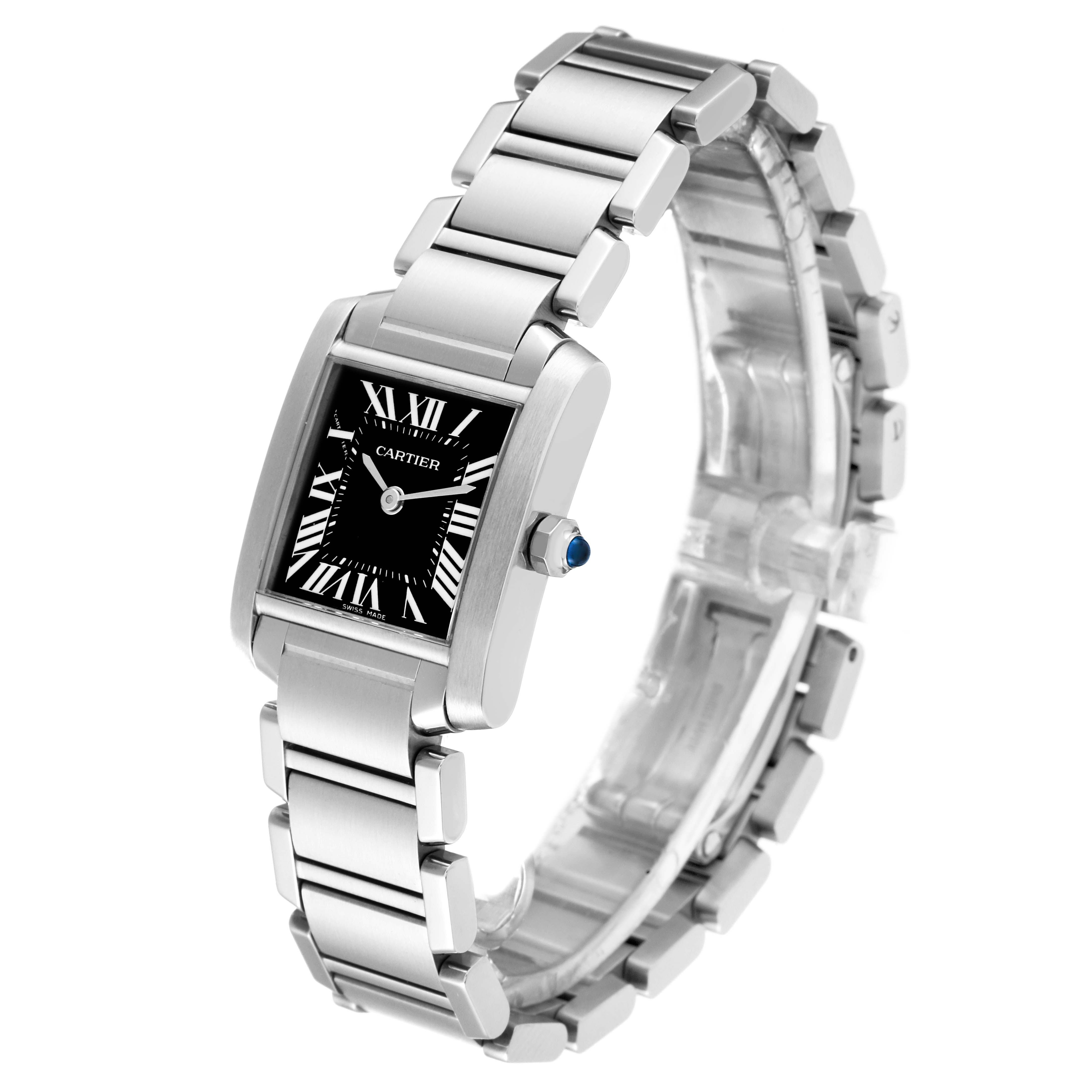 The Cartier Tank Francaise W51026Q3 Women's Stainless Steel Black Dial W51026Q3 Women's Stainless Steel Black Dial watch is shown at a three-quarter angle, displaying the face, bracelet, and crown.