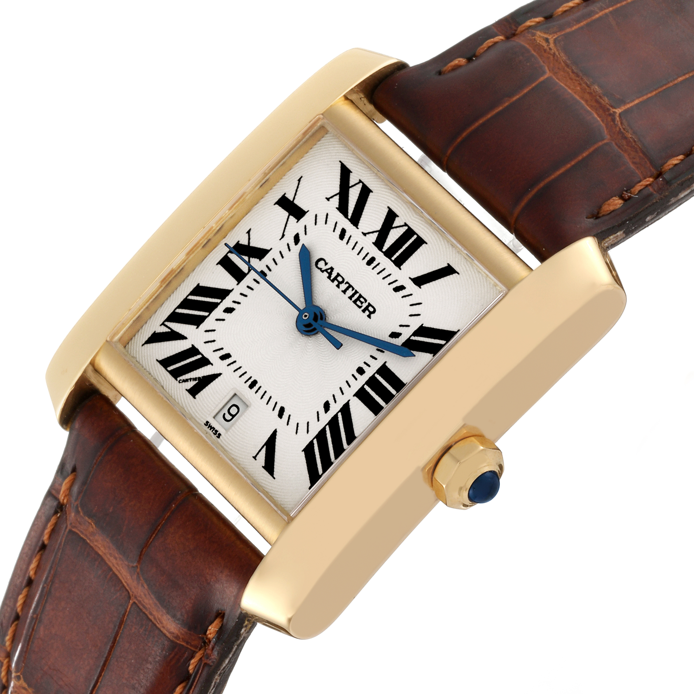The image shows a close-up angled view of a Cartier Tank Francaise W5000156 Men
s Yellow Gold Silver Dial W5000156 Men
s Yellow Gold Silver Dial watch, highlighting its face, case, and crown.