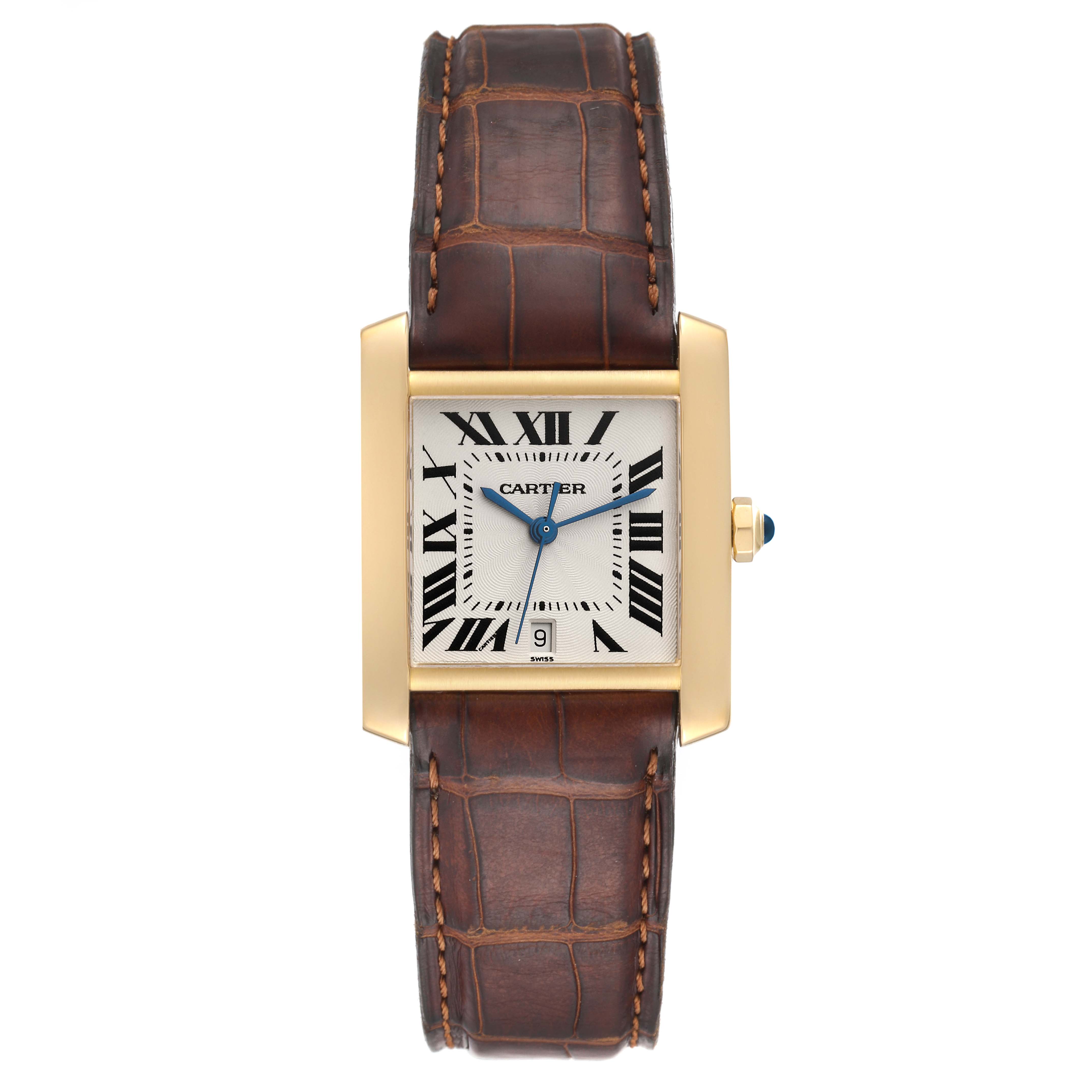 The image shows a front view of a Cartier Tank Francaise W5000156 Men
s Yellow Gold Silver Dial W5000156 Men
s Yellow Gold Silver Dial watch with a rectangular face, Roman numerals, and a leather strap.