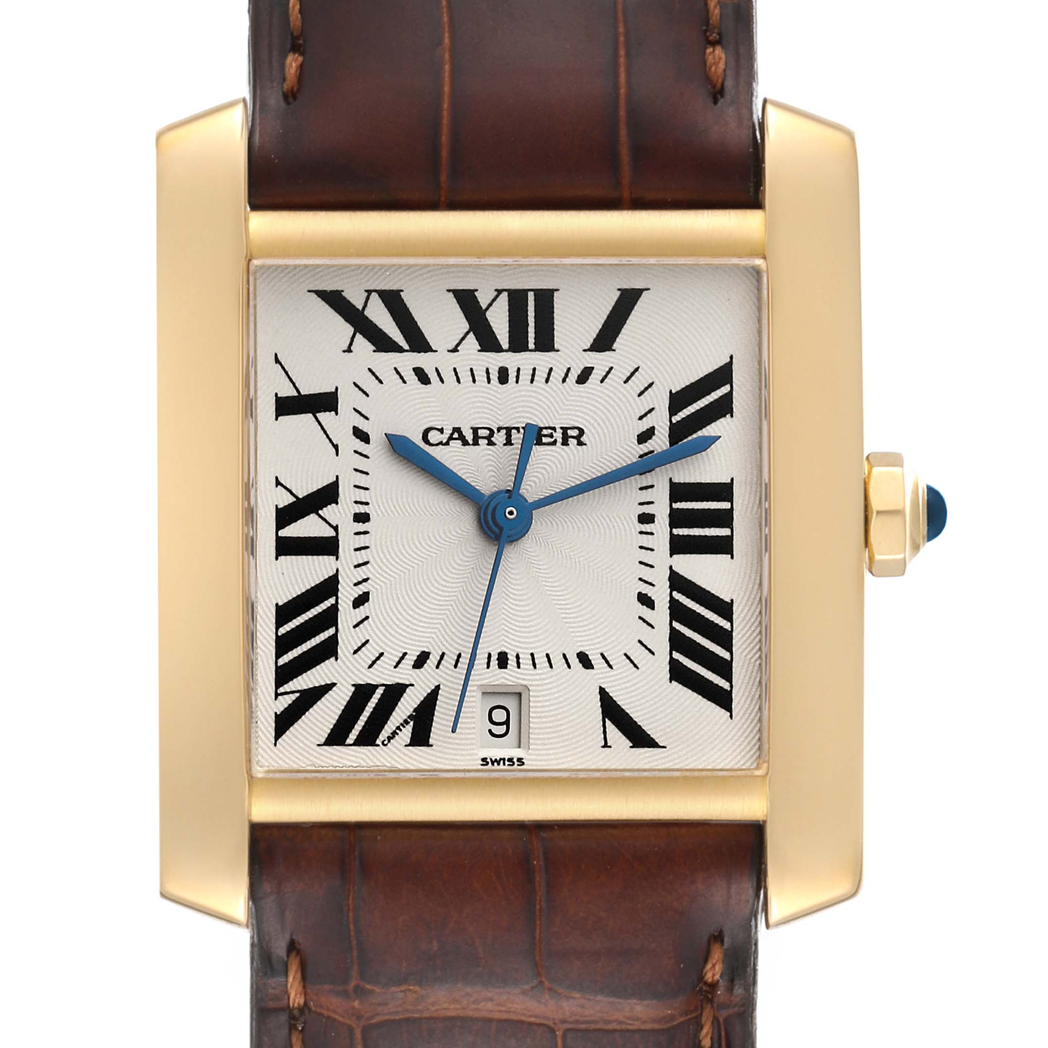 The Cartier Tank Francaise W5000156 Men
s Yellow Gold Silver Dial W5000156 Men
s Yellow Gold Silver Dial watch is shown from the front, highlighting its face, hands, and part of the leather strap.
