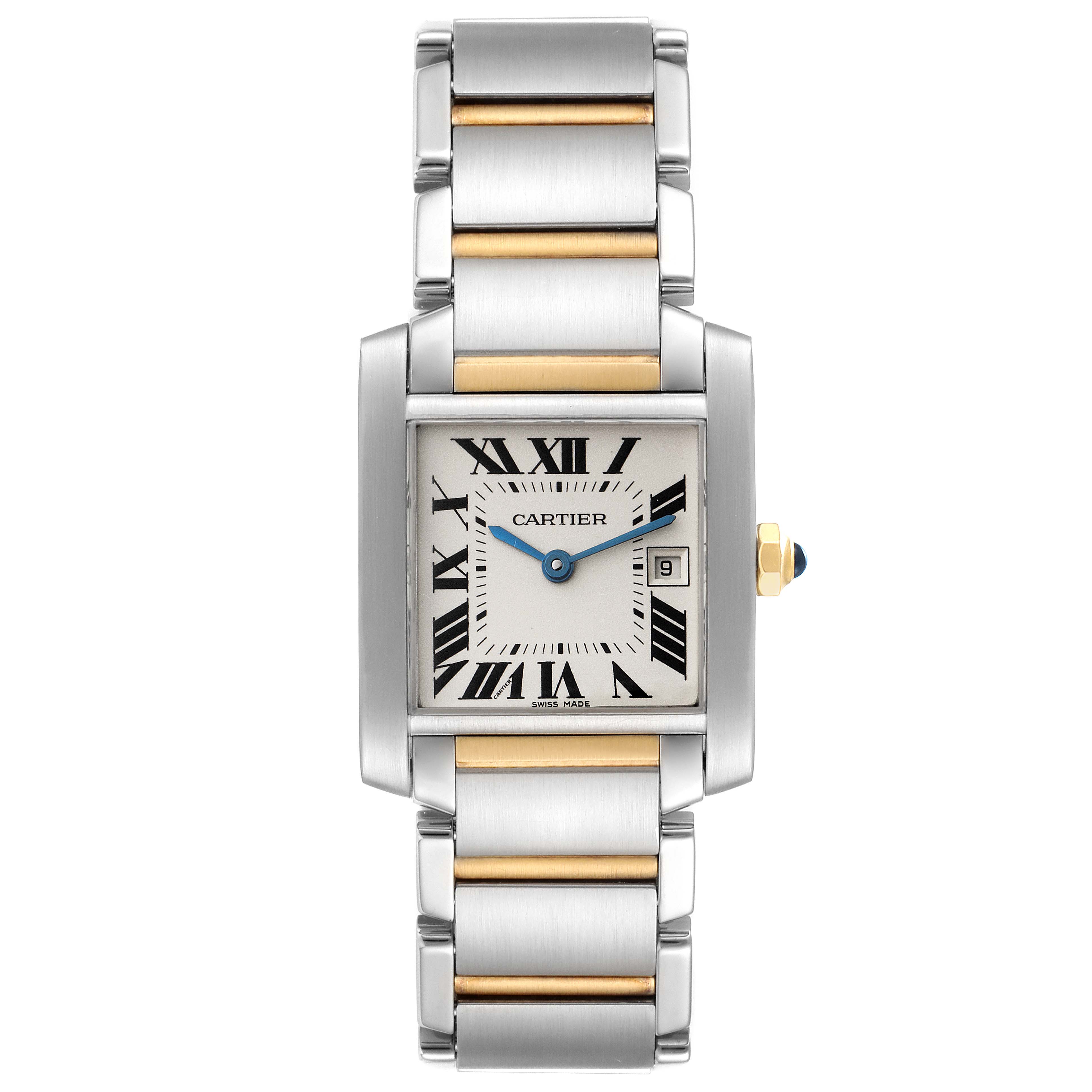 This image shows a front view of a Cartier Tank Francaise W51012Q4 Women's Steel and Gold (two tone) Silver Dial W51012Q4 Women's Steel and Gold (two tone) Silver Dial watch, including the face, bracelet, and crown.