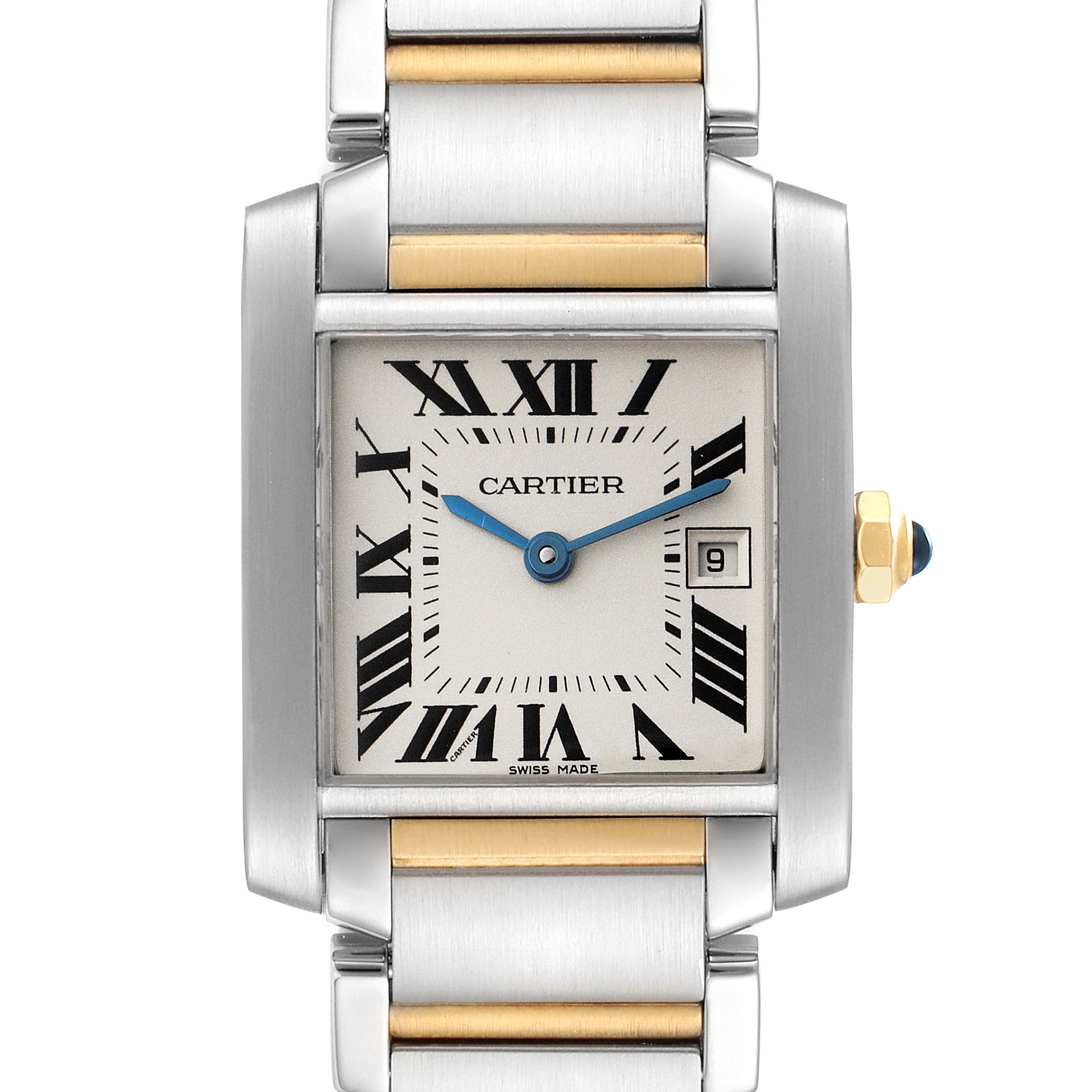 This image shows a front view of the Cartier Tank Francaise W51012Q4 Women's Steel and Gold (two tone) Silver Dial W51012Q4 Women's Steel and Gold (two tone) Silver Dial watch, displaying its square dial, bracelet, and crown.