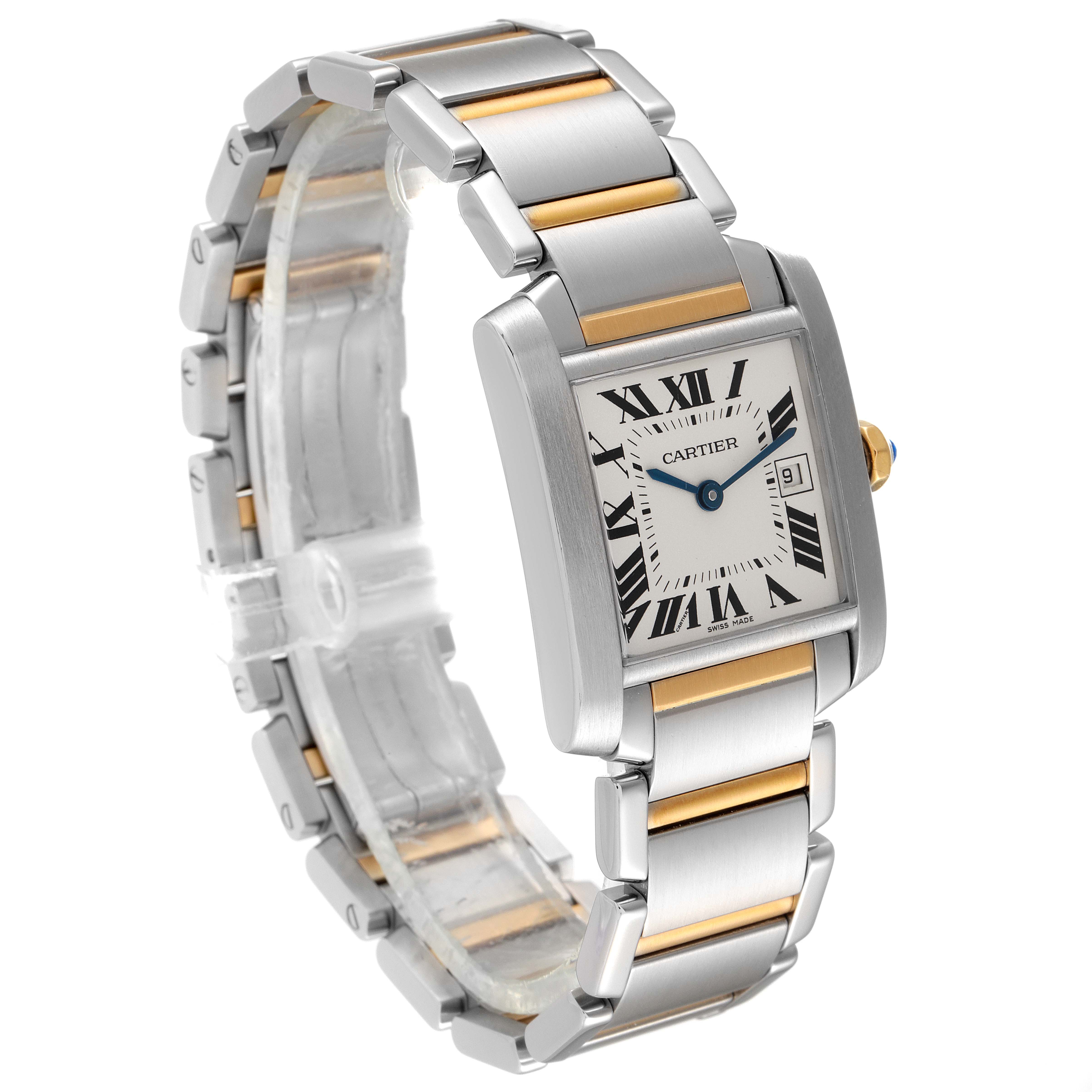 The image shows a Cartier Tank Francaise W51012Q4 Women's Steel and Gold (two tone) Silver Dial W51012Q4 Women's Steel and Gold (two tone) Silver Dial watch, angled to display the face, bracelet, and part of the clasp.
