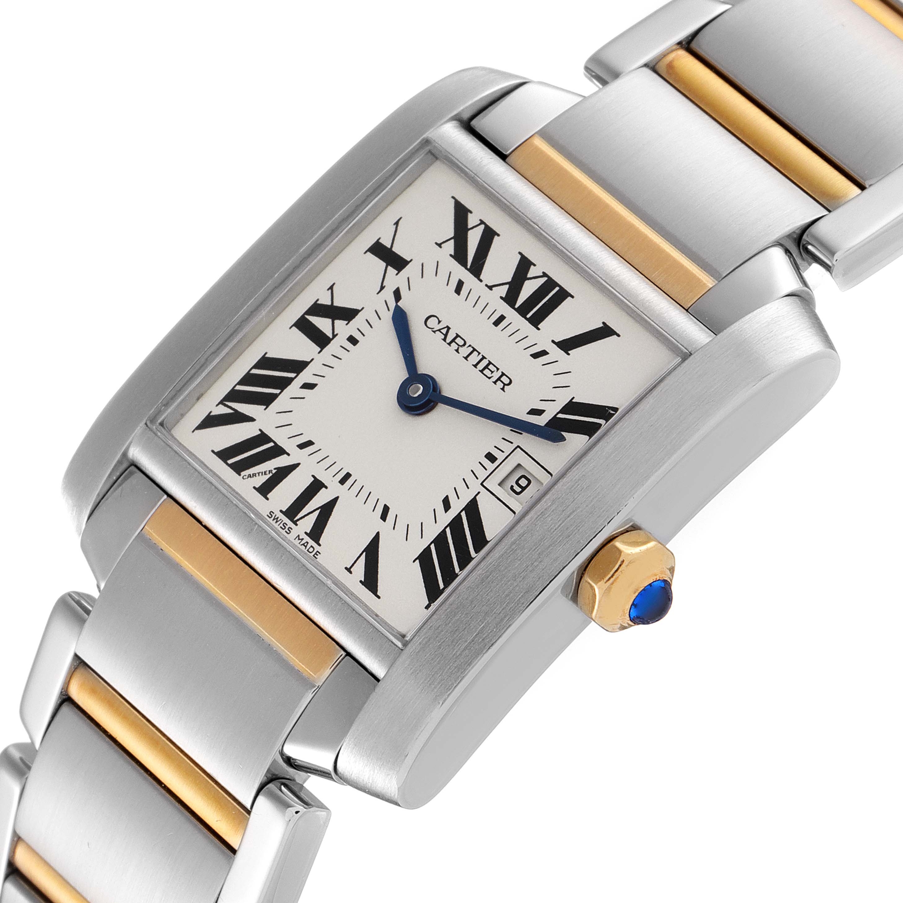 The image shows a Tank Francaise model by Cartier viewed at a slight angle, highlighting its dial, crown, and metal bracelet.