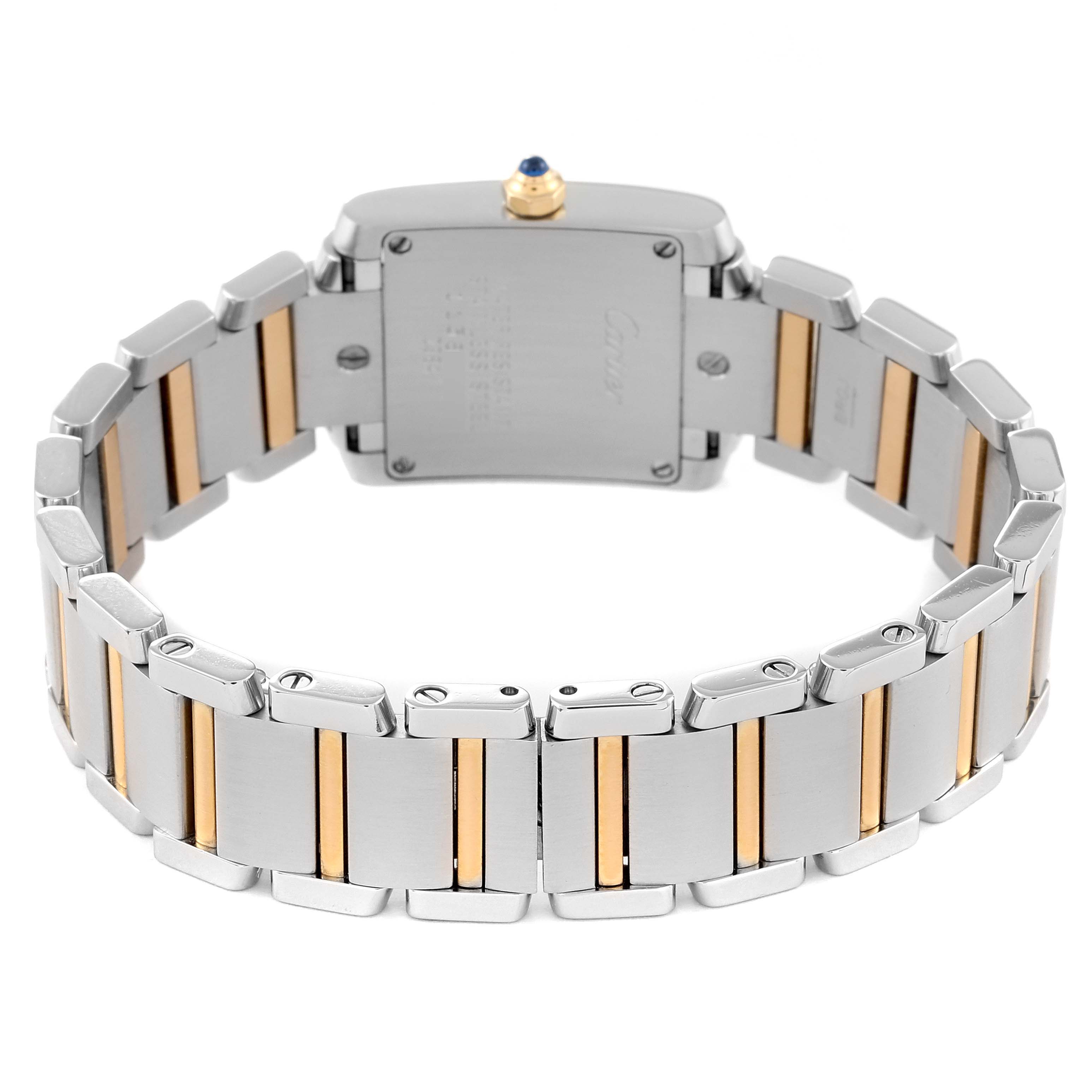 This image shows the backside and bracelet of a Cartier Tank Française watch, highlighting the two-tone metal links.