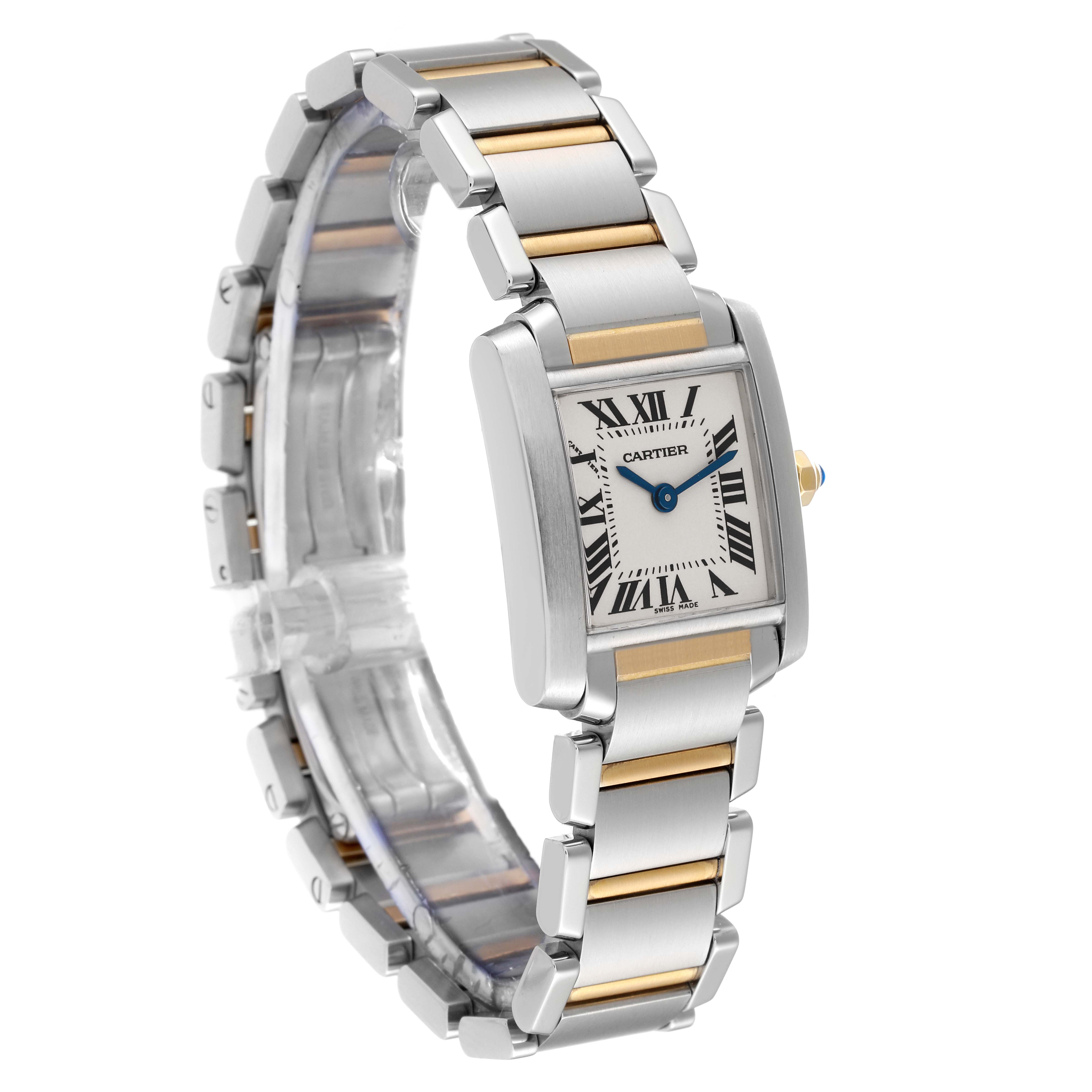 The image shows a Tank Francaise model by Cartier from an angled side view, highlighting the watch face and the two-tone metal bracelet.