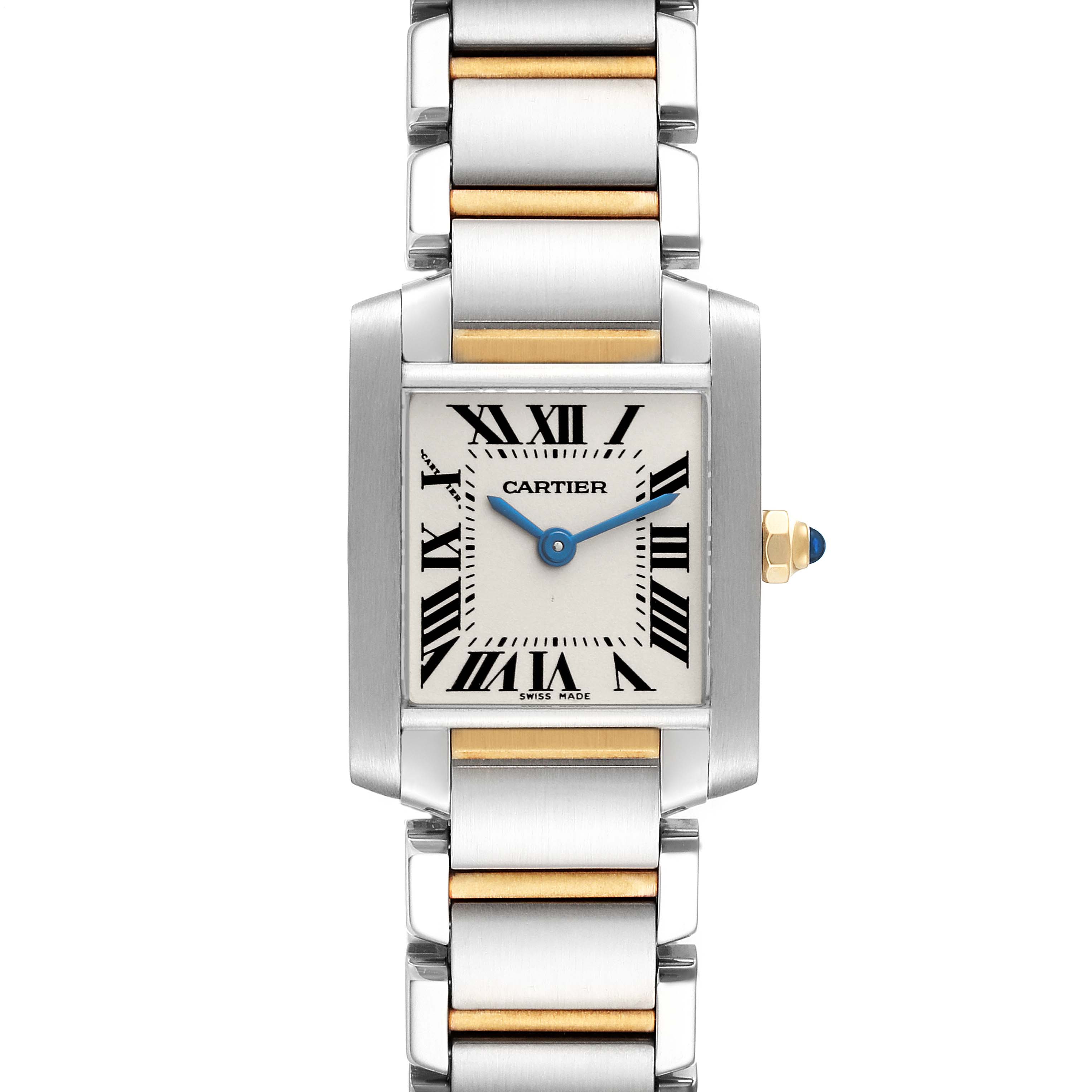 This image shows a front view of a Cartier Tank Francaise W51007Q4 Women
s Steel and Gold (two tone) Silver Dial W51007Q4 Women
s Steel and Gold (two tone) Silver Dial watch, highlighting its rectangular face, Roman numerals, and two-tone metal bracelet.