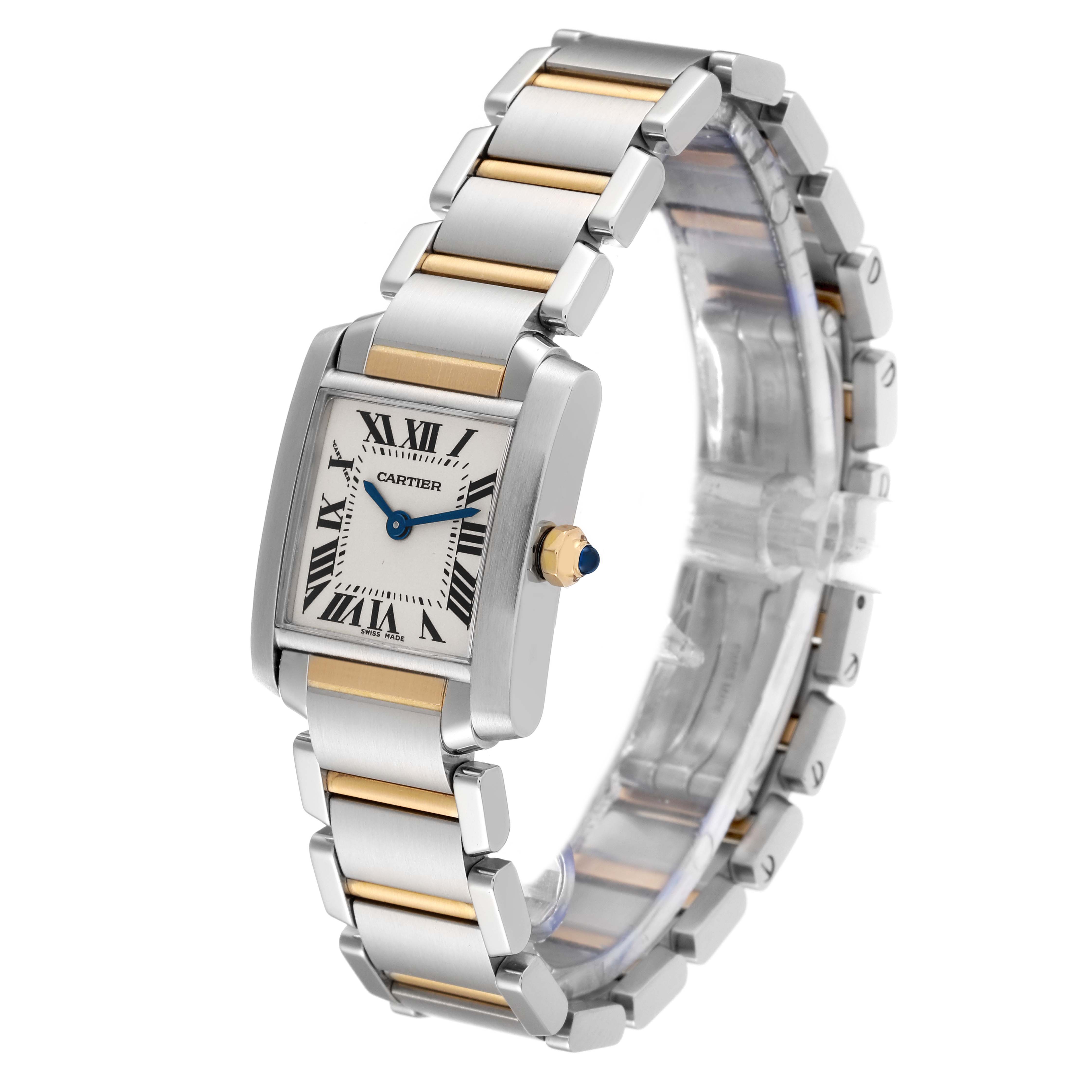 This image shows a Cartier Tank Francaise W51007Q4 Women
s Steel and Gold (two tone) Silver Dial W51007Q4 Women
s Steel and Gold (two tone) Silver Dial watch angled to display the face, bracelet, and crown.