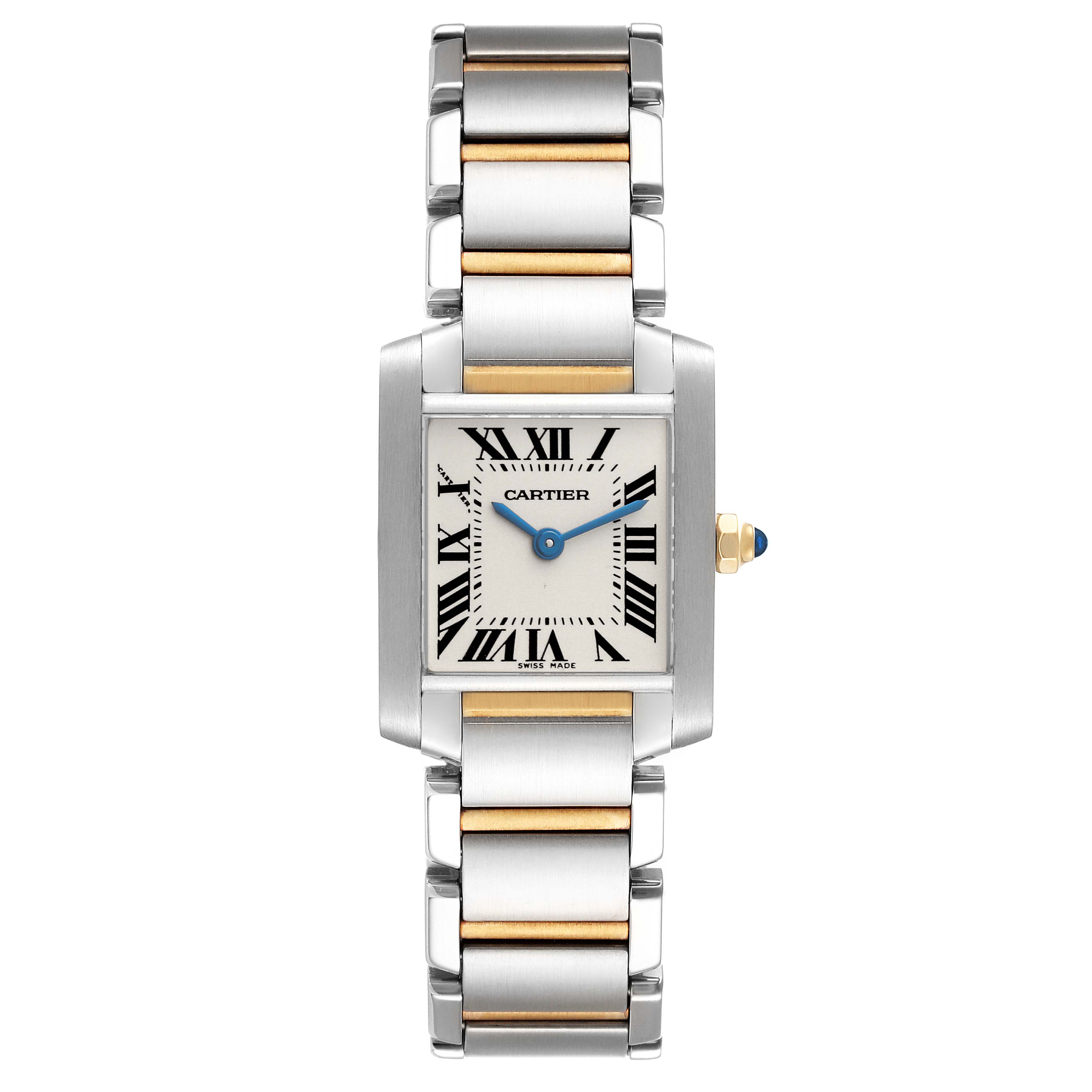 This image shows the front view of a Cartier Tank Francaise W51007Q4 Women
s Steel and Gold (two tone) Silver Dial W51007Q4 Women
s Steel and Gold (two tone) Silver Dial watch, detailing the face and metal bracelet.