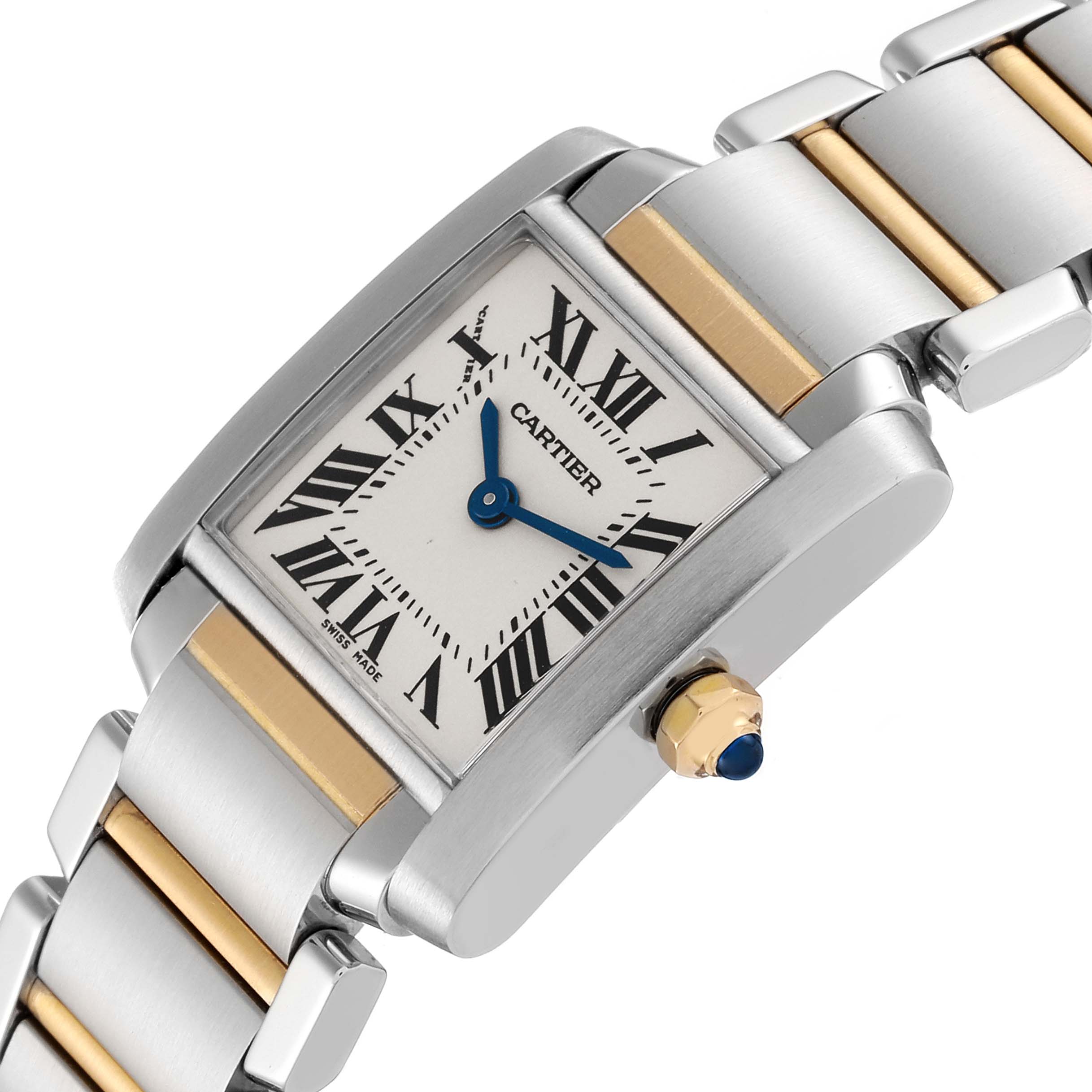 The Tank Francaise by Cartier is shown at an angle, highlighting its rectangular face, Roman numerals, and two-tone metal bracelet.
