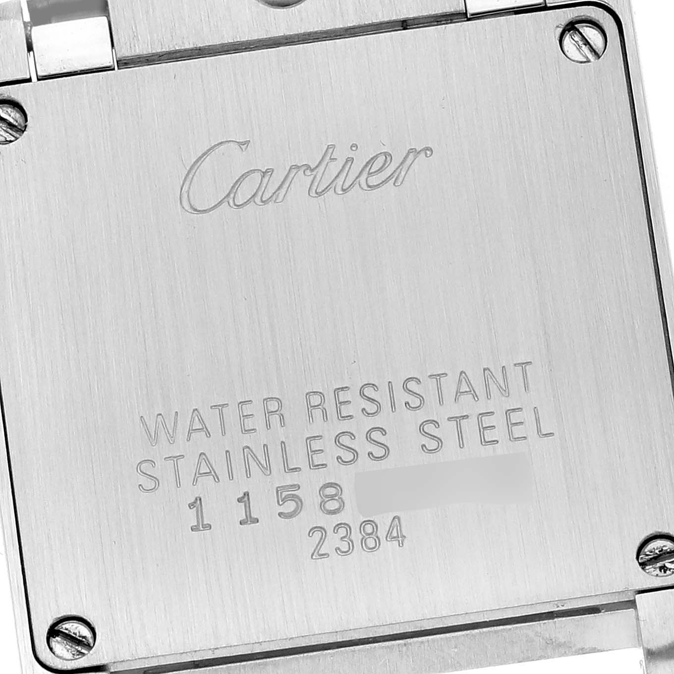 This image shows the back case of a Cartier Tank Francaise W51007Q4 Women
s Steel and Gold (two tone) Silver Dial W51007Q4 Women
s Steel and Gold (two tone) Silver Dial watch, highlighting the brand, model, and material details.