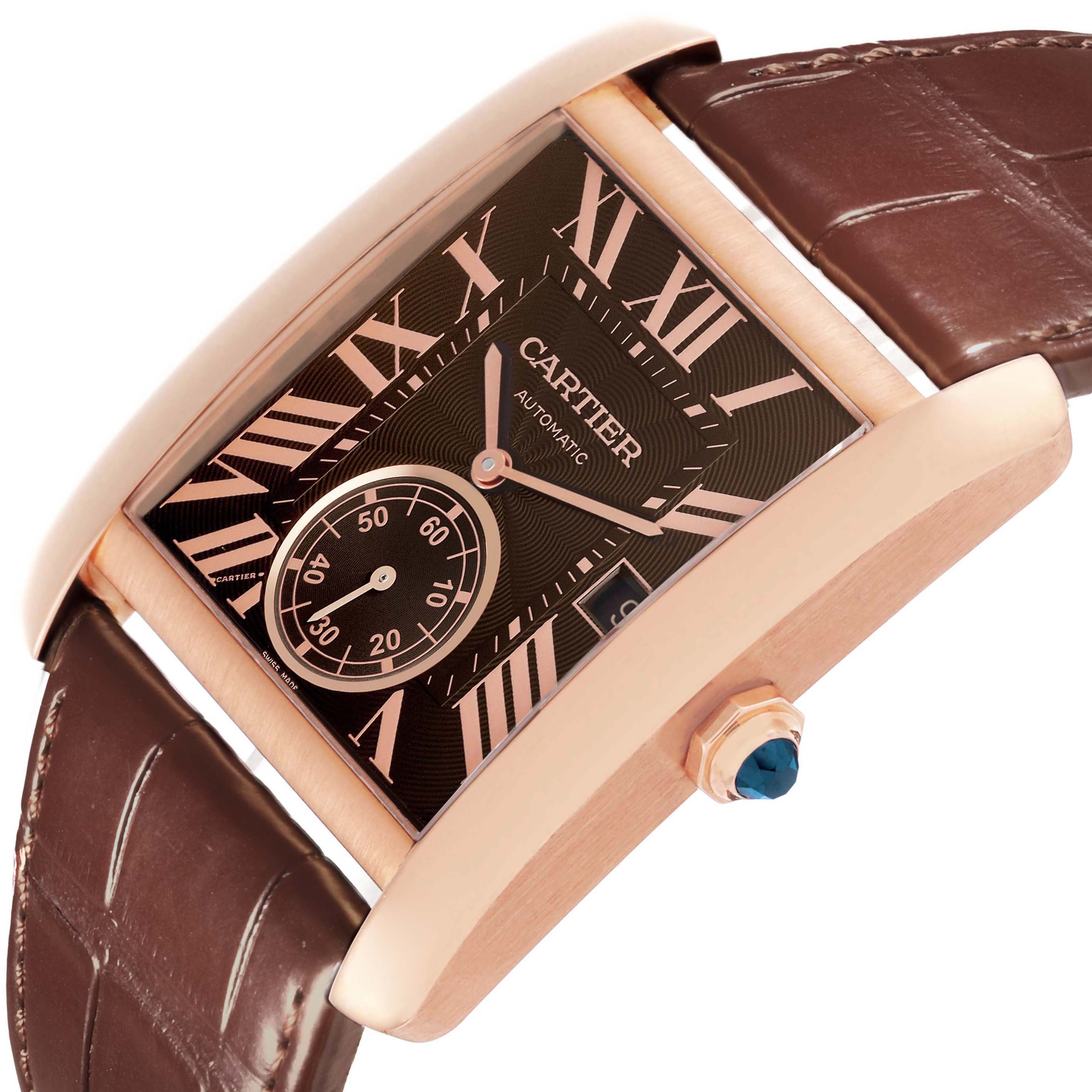 The Cartier Tank MC W5330002 Men's Rose Gold Brown Dial watch is shown at an angled view, highlighting its face, crown, and leather strap.