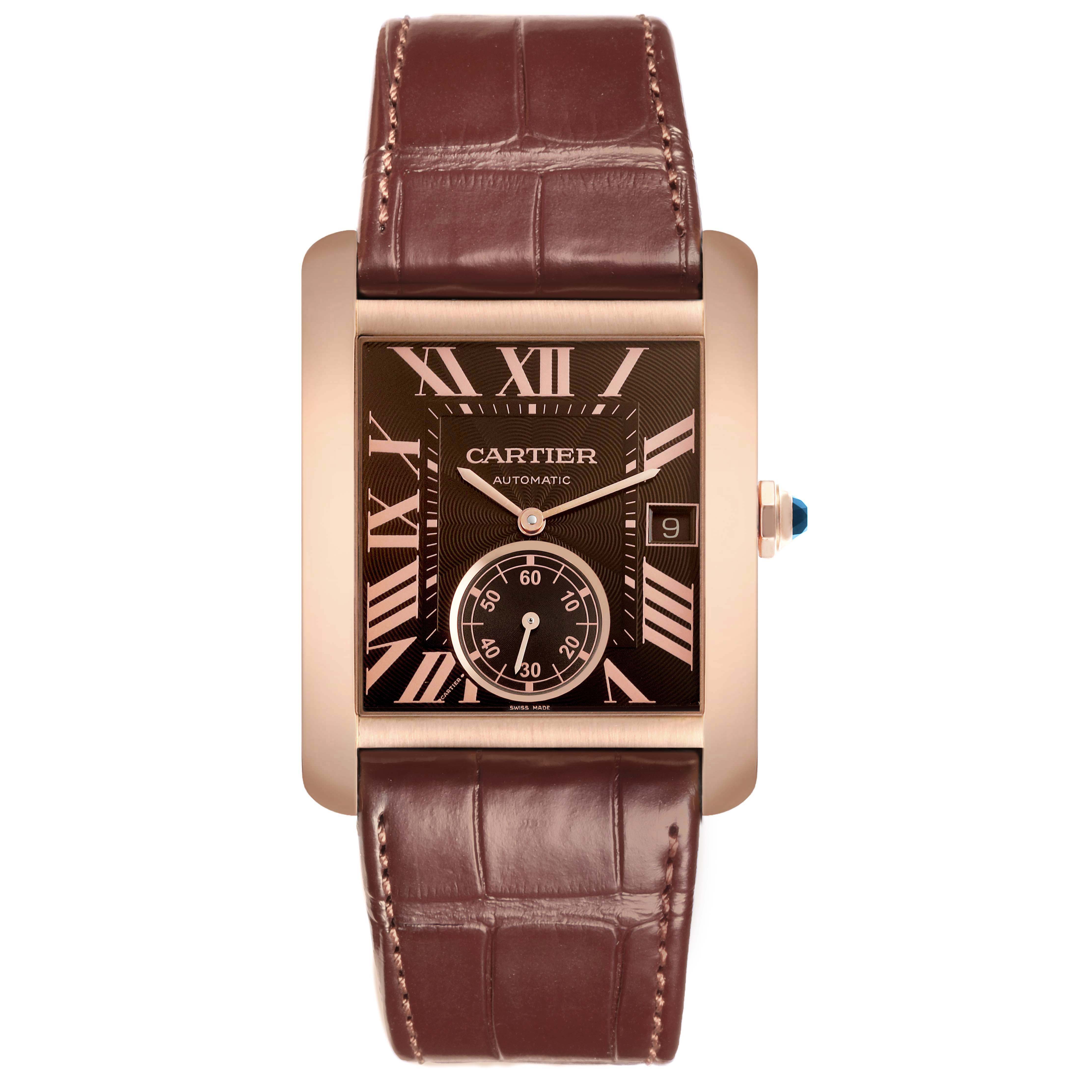 The Cartier Tank MC W5330002 Men's Rose Gold Brown Dial watch is shown from the front, highlighting its rectangular face, Roman numerals, and alligator strap.