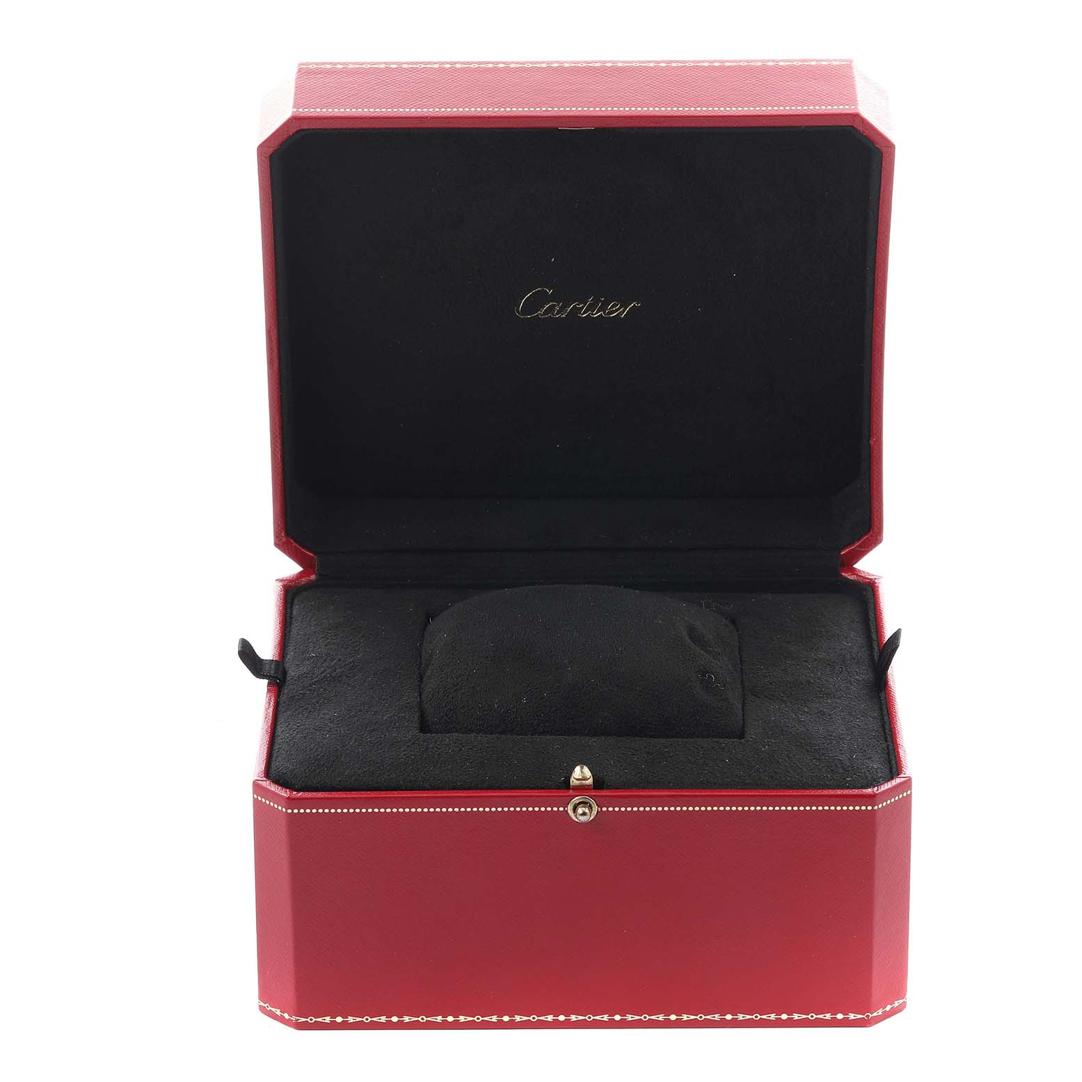 The image shows an open red Cartier box for the Tank MC model, displaying its interior padding.