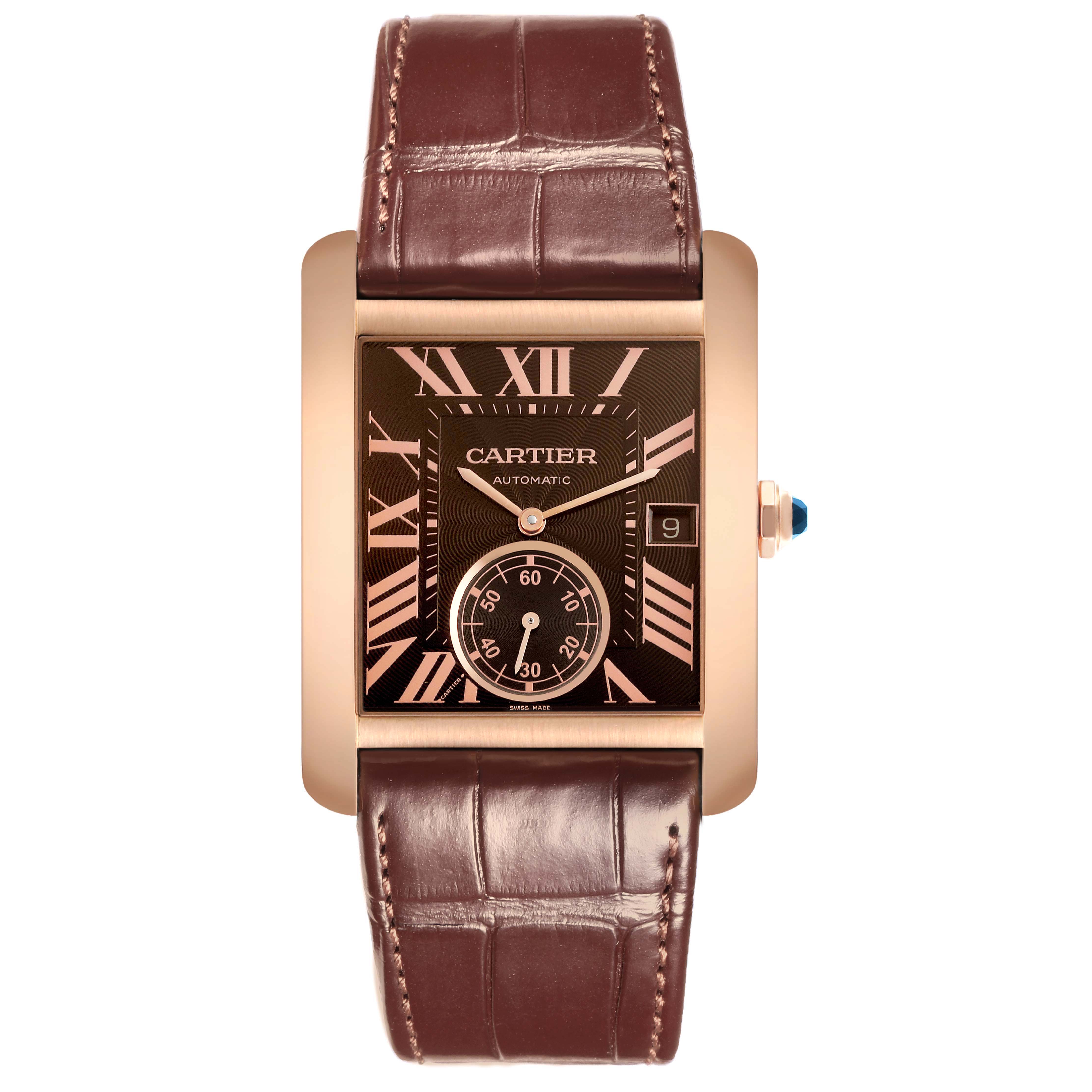 The Cartier Tank MC W5330002 Men's Rose Gold Brown Dial watch is shown from a top-down angle, highlighting its face, rectangular case, crown, and leather strap.