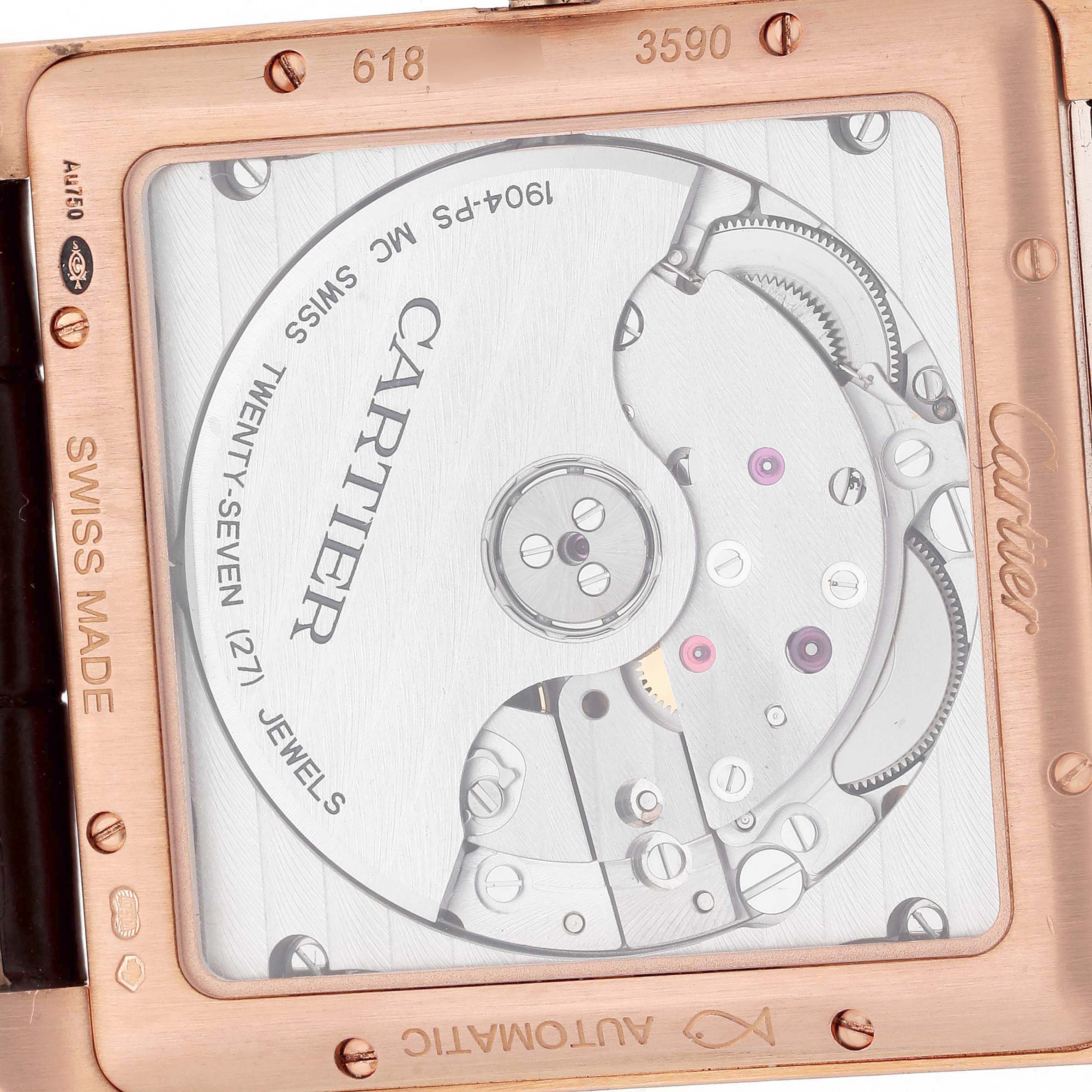 The image shows the back of a Cartier Tank MC W5330002 Men's Rose Gold Brown Dial watch, highlighting its automatic movement and inner mechanisms.