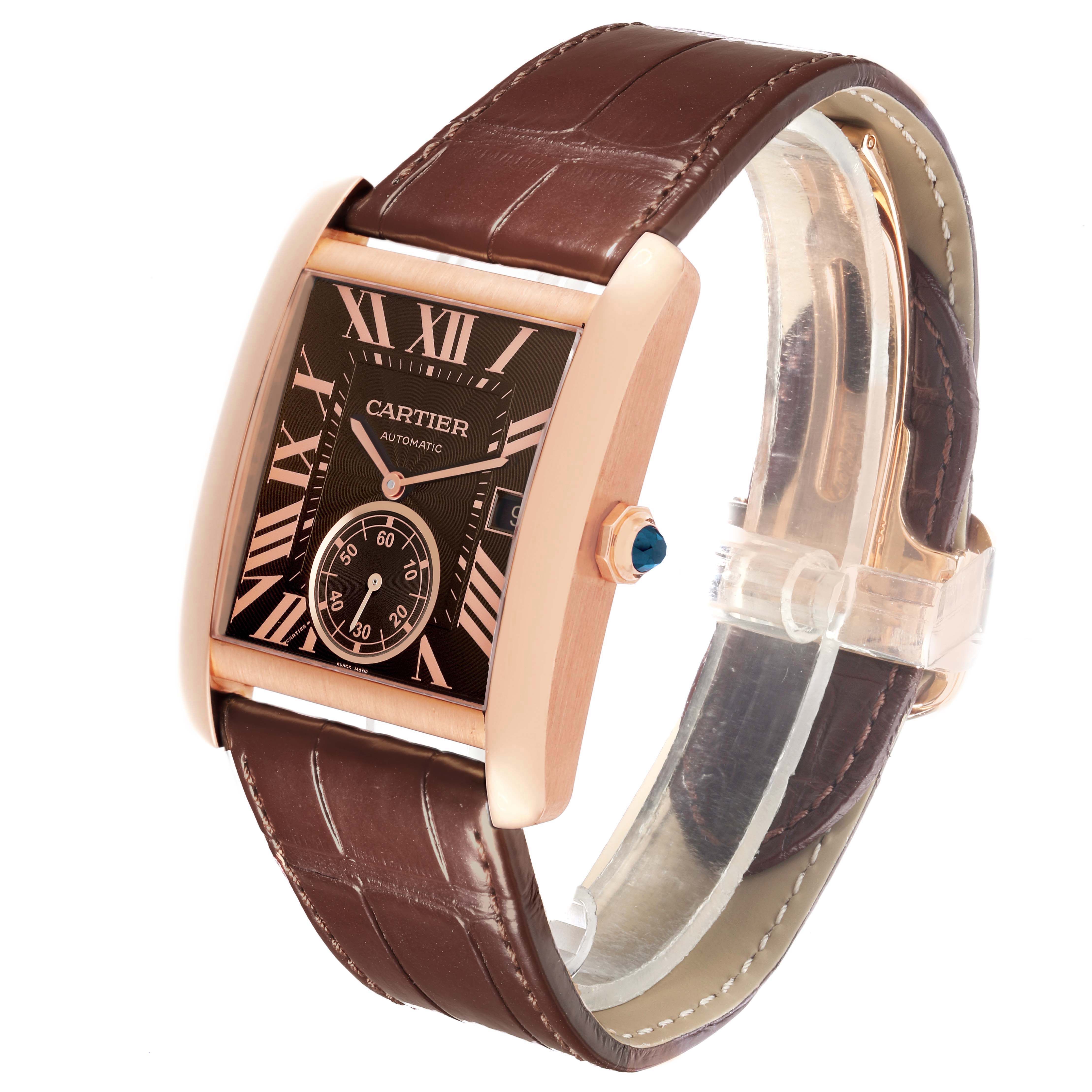 The Cartier Tank MC W5330002 Men's Rose Gold Brown Dial watch is shown at a three-quarter angle, displaying the face, case, and brown leather strap.