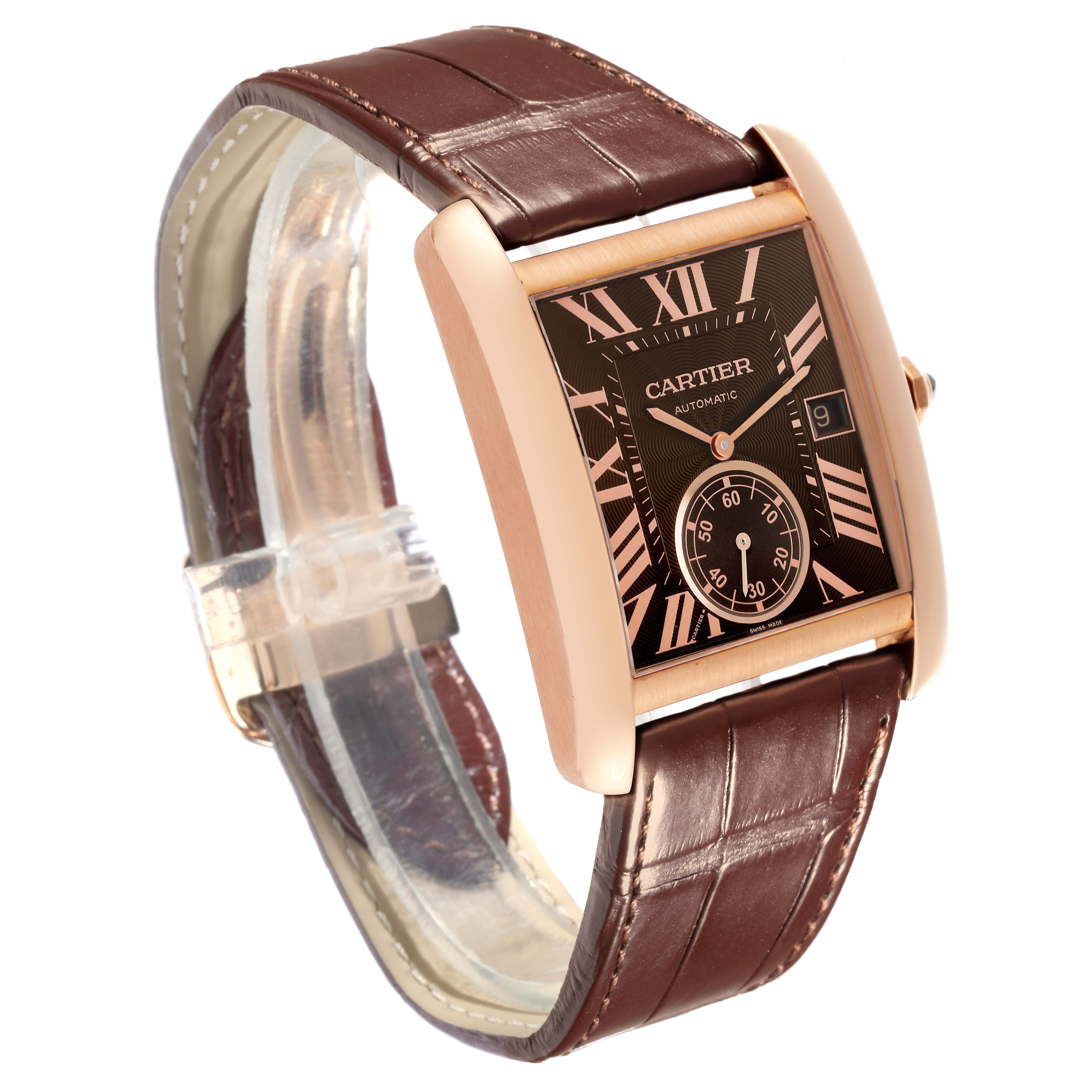 The Cartier Tank MC W5330002 Men's Rose Gold Brown Dial watch is shown at a slight angle, displaying the dial, case, and leather strap.