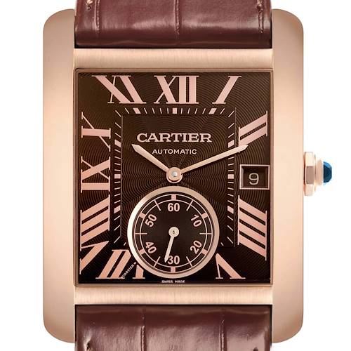 The Cartier Tank MC W5330002 Men's Rose Gold Brown Dial watch is shown from a front angle, displaying the dial, hands, date, and part of the leather strap.