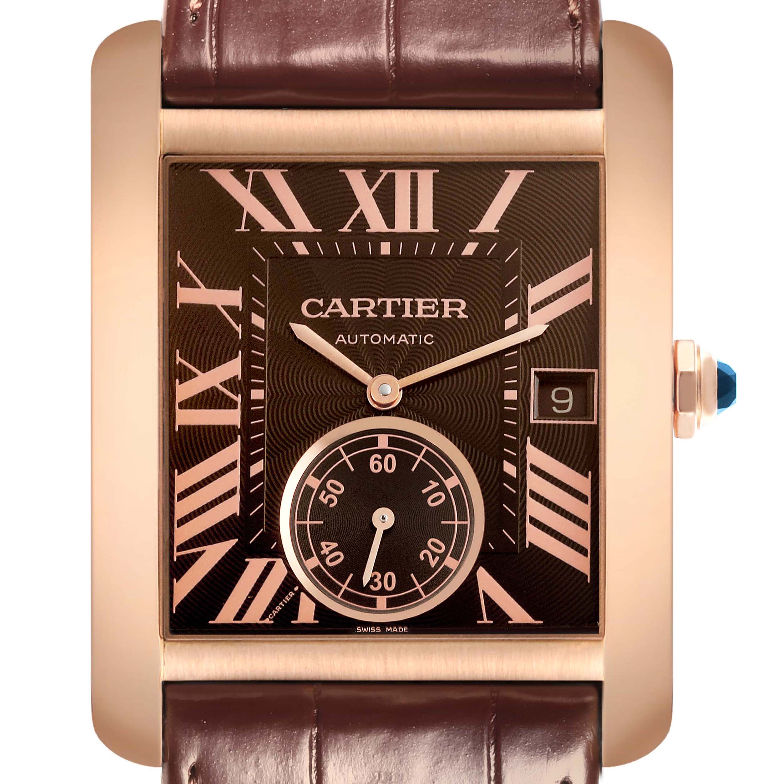 The Cartier Tank MC W5330002 Men's Rose Gold Brown Dial watch is shown from the front, displaying its face, dial, crown, and part of the leather strap.
