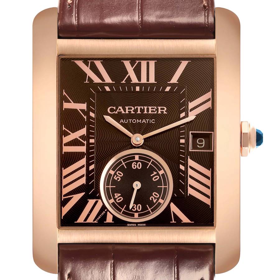 The Cartier Tank MC W5330002 Men's Rose Gold Brown Dial watch is shown from the front, displaying its face, dial, crown, and part of the leather strap.