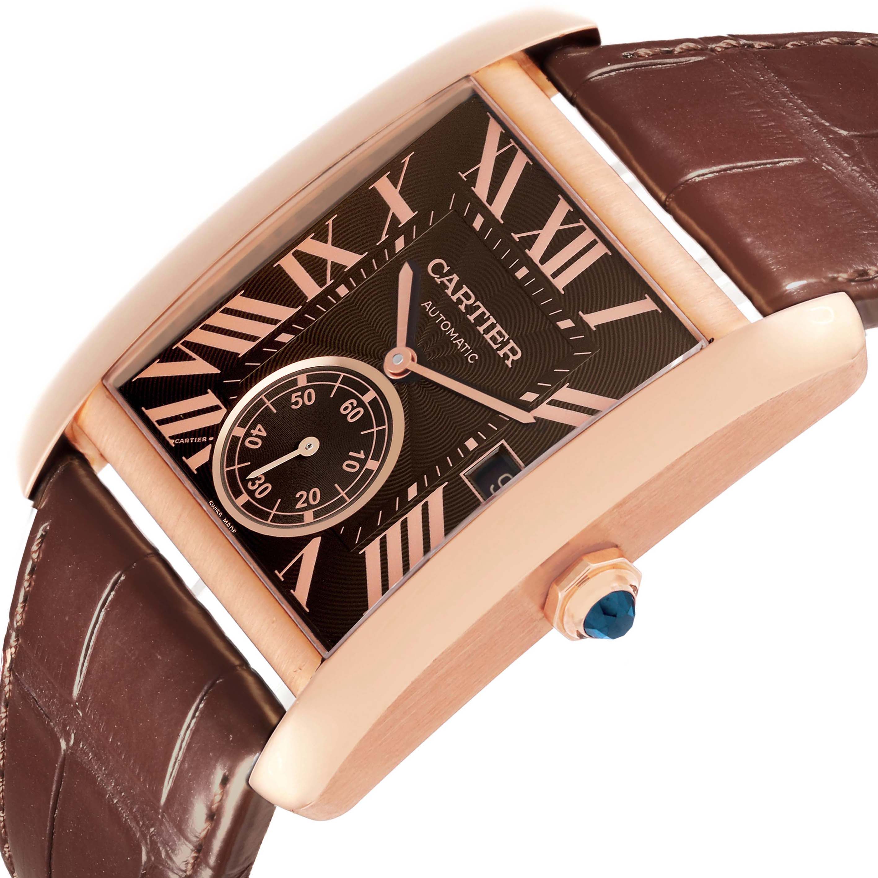 The Cartier Tank MC W5330002 Men's Rose Gold Brown Dial watch is shown at an angled close-up, highlighting the dial, crown, and part of the leather strap.