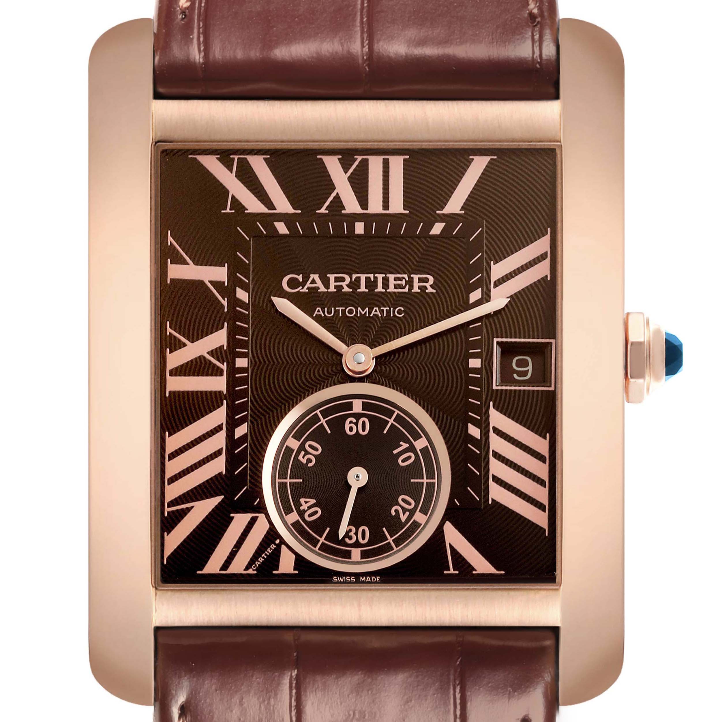 The Cartier Tank MC W5330002 Men's Rose Gold Brown Dial watch is shown from the front, displaying the dial, hands, date window, and part of the leather strap.
