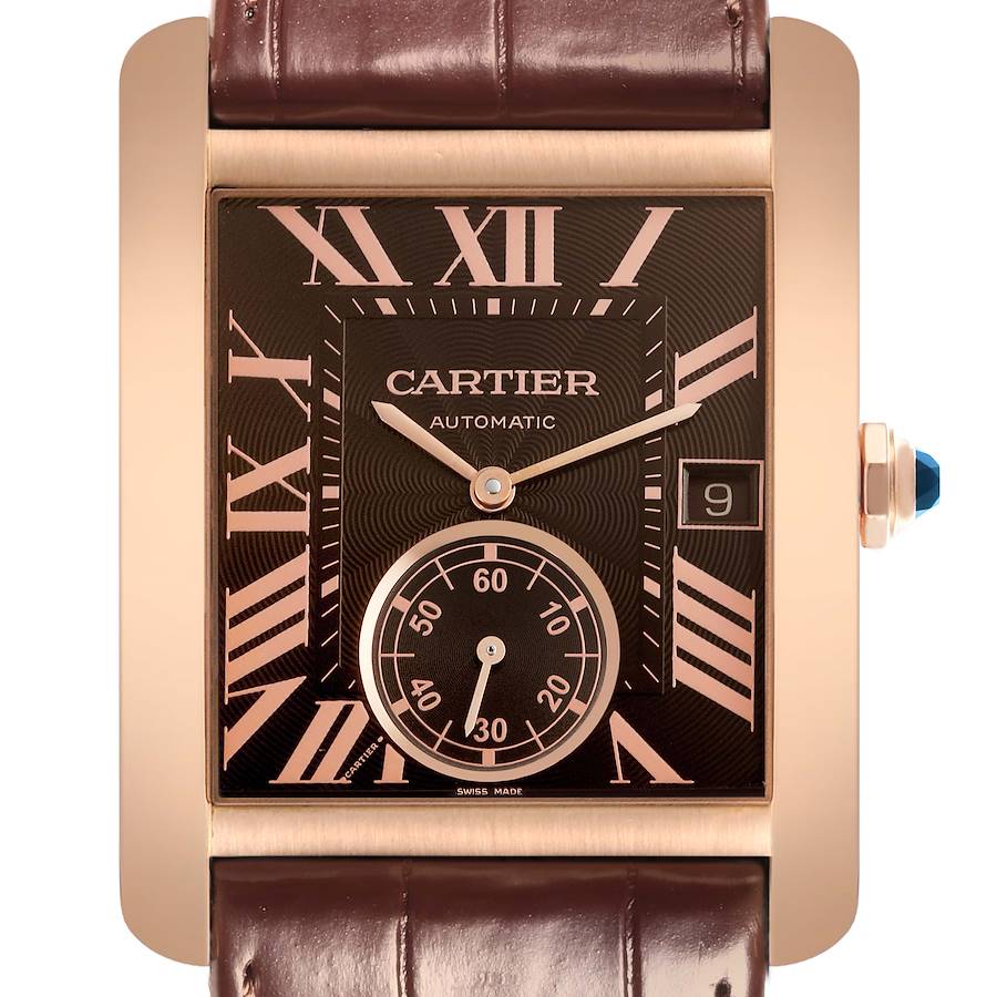 The image shows a Cartier Tank MC watch face-on, highlighting the dial, roman numerals, hands, subdial, date, and strap.