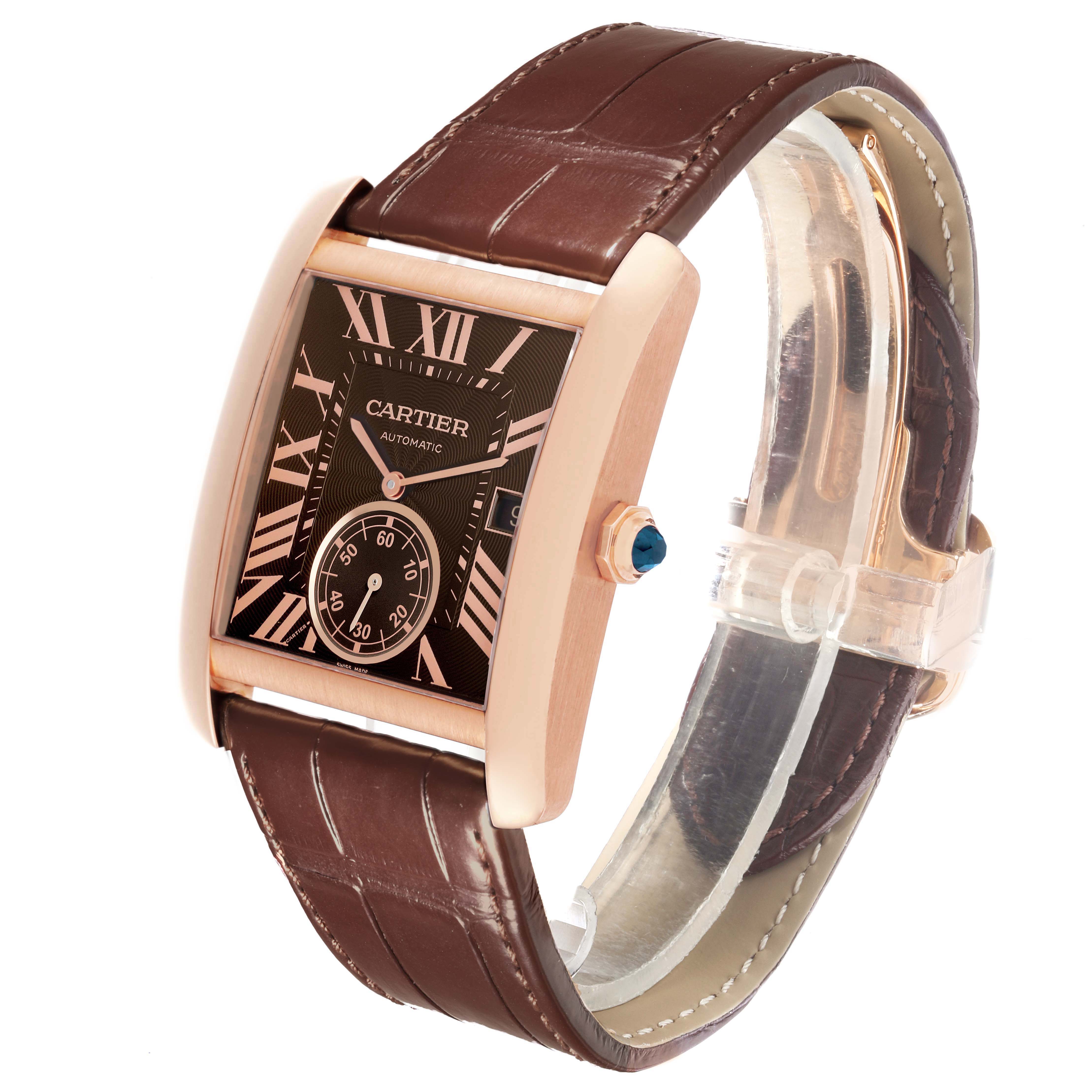 The Cartier Tank MC W5330002 Men's Rose Gold Brown Dial watch is shown at a slight side angle, highlighting the face, crown, and strap.