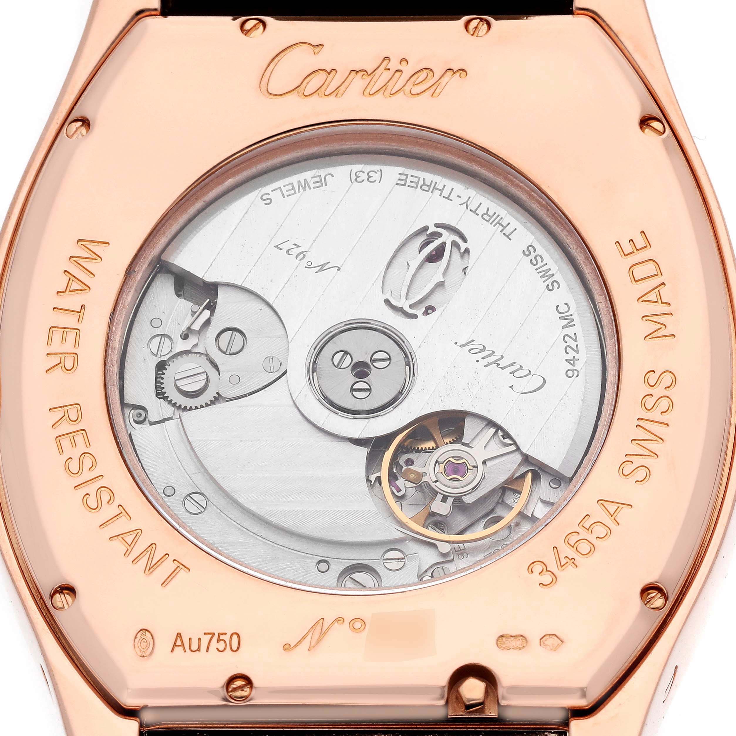 The image shows the back of the Cartier Tortue W1580045 Men's Rose Gold Silver Dial watch, highlighting its internal movement and engravings.