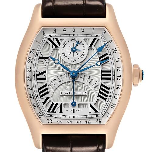 The Cartier Tortue W1580045 Men's Rose Gold Silver Dial watch is shown straight-on, highlighting its dial, Roman numerals, hands, subdial, and crown.