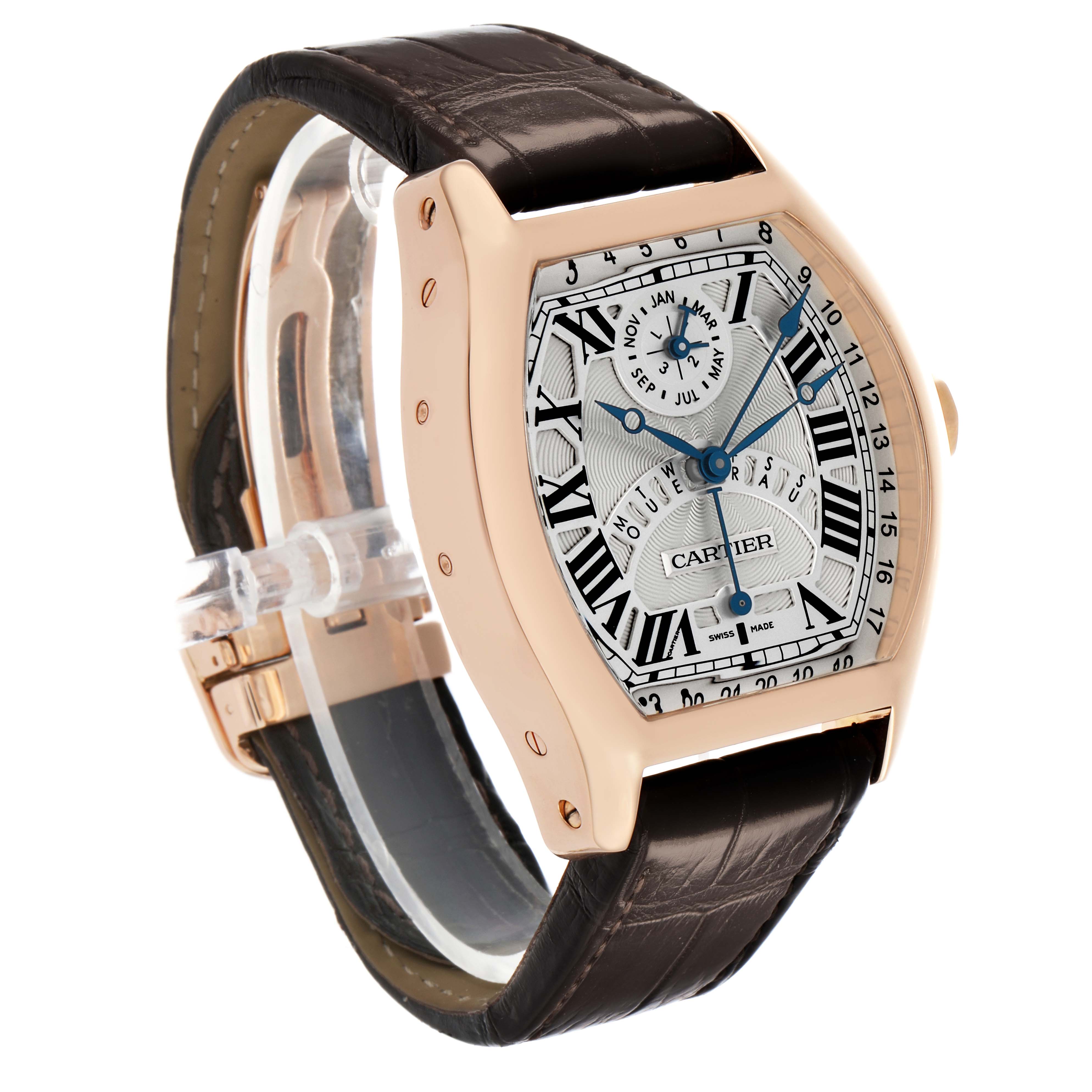 The Cartier Tortue W1580045 Men's Rose Gold Silver Dial watch is shown at a three-quarter angle, displaying its face, case, and leather strap.