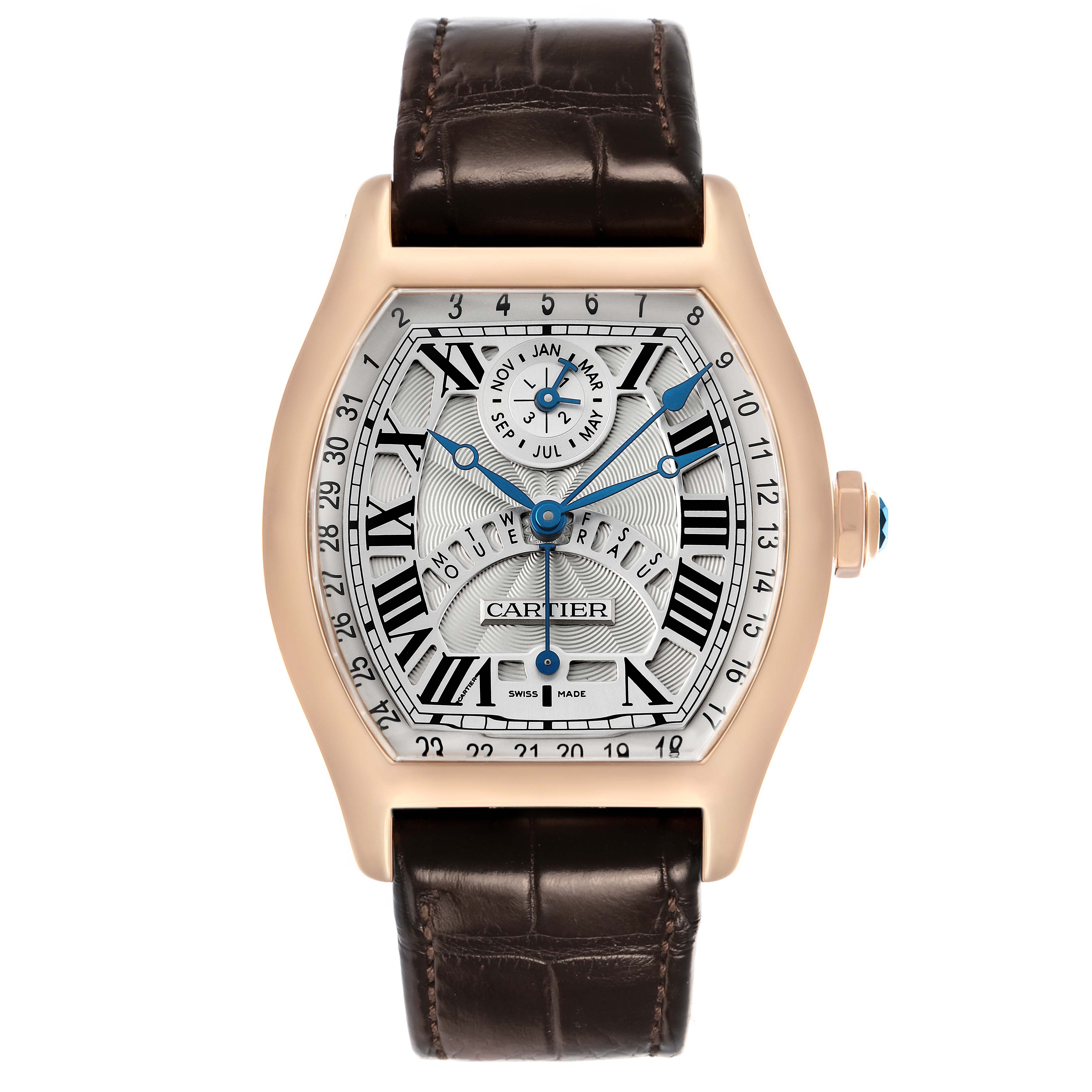 The Cartier Tortue W1580045 Men's Rose Gold Silver Dial watch is shown from the front, displaying the dial, case, and strap.