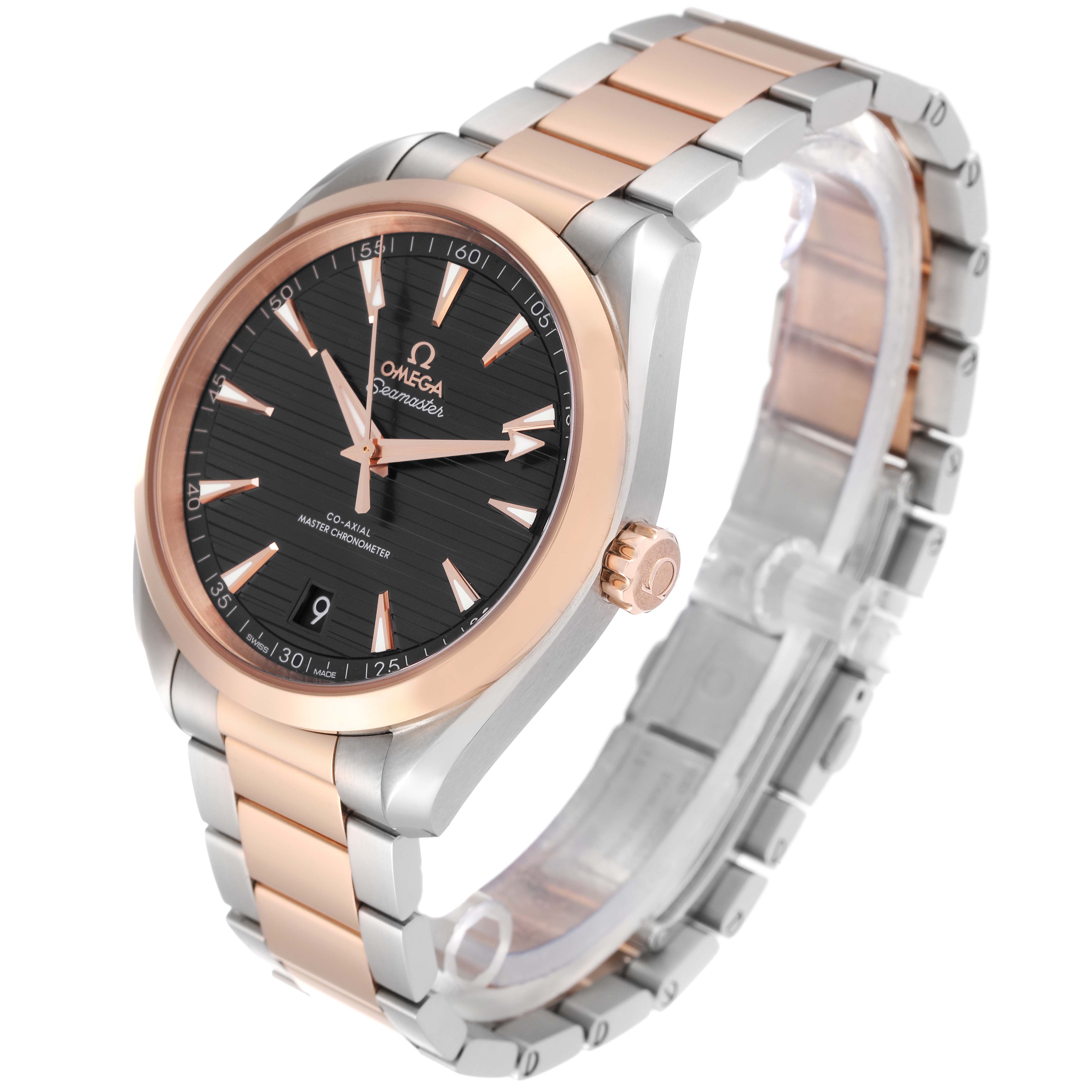 The image displays an Omega Aqua Terra 220.20.41.21.06.001 Men's Steel and Gold (two tone) Grey Dial 220.20.41.21.06.001 Men's Steel and Gold (two tone) Grey Dial watch at a three-quarter angle, highlighting its face, bezel, and two-tone bracelet.