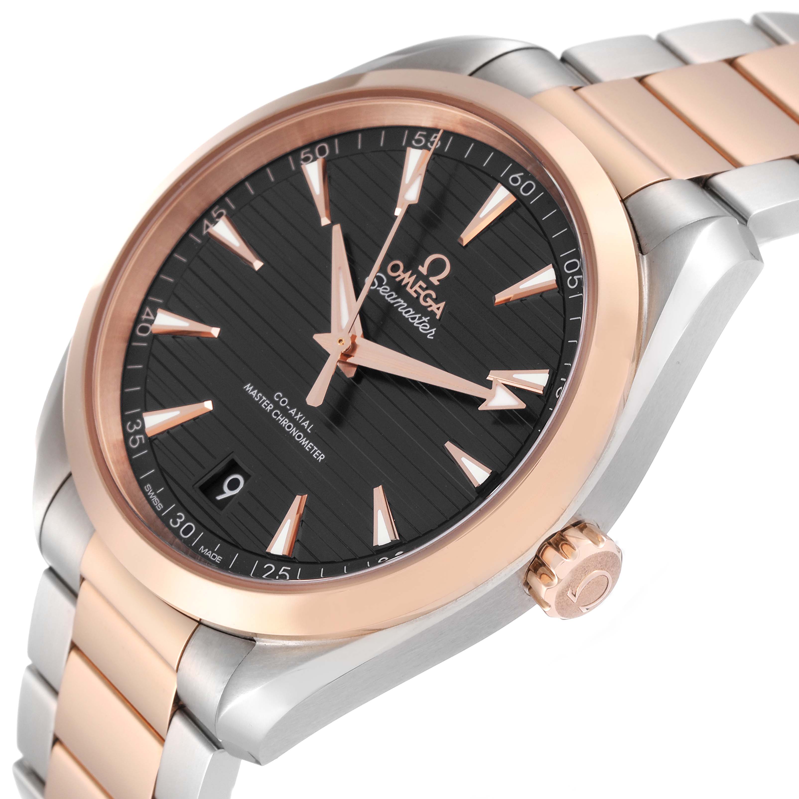 The Omega Aqua Terra 220.20.41.21.06.001 Men's Steel and Gold (two tone) Grey Dial 220.20.41.21.06.001 Men's Steel and Gold (two tone) Grey Dial watch is shown at an oblique angle, displaying the dial, bezel, crown, and part of the bracelet.