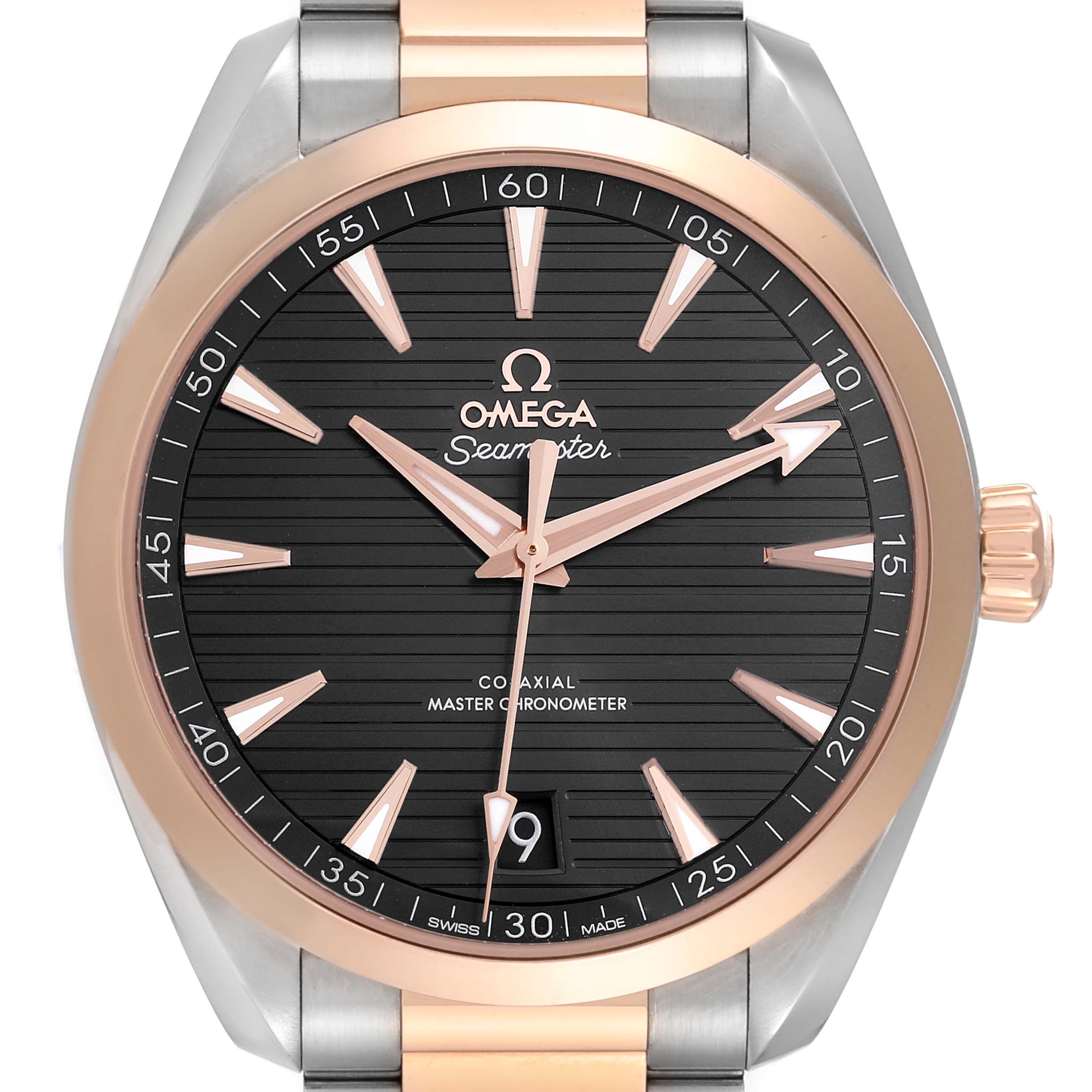 The image shows a front view of the Omega Aqua Terra 220.20.41.21.06.001 Men's Steel and Gold (two tone) Grey Dial 220.20.41.21.06.001 Men's Steel and Gold (two tone) Grey Dial watch, highlighting the face, bezel, and crown.