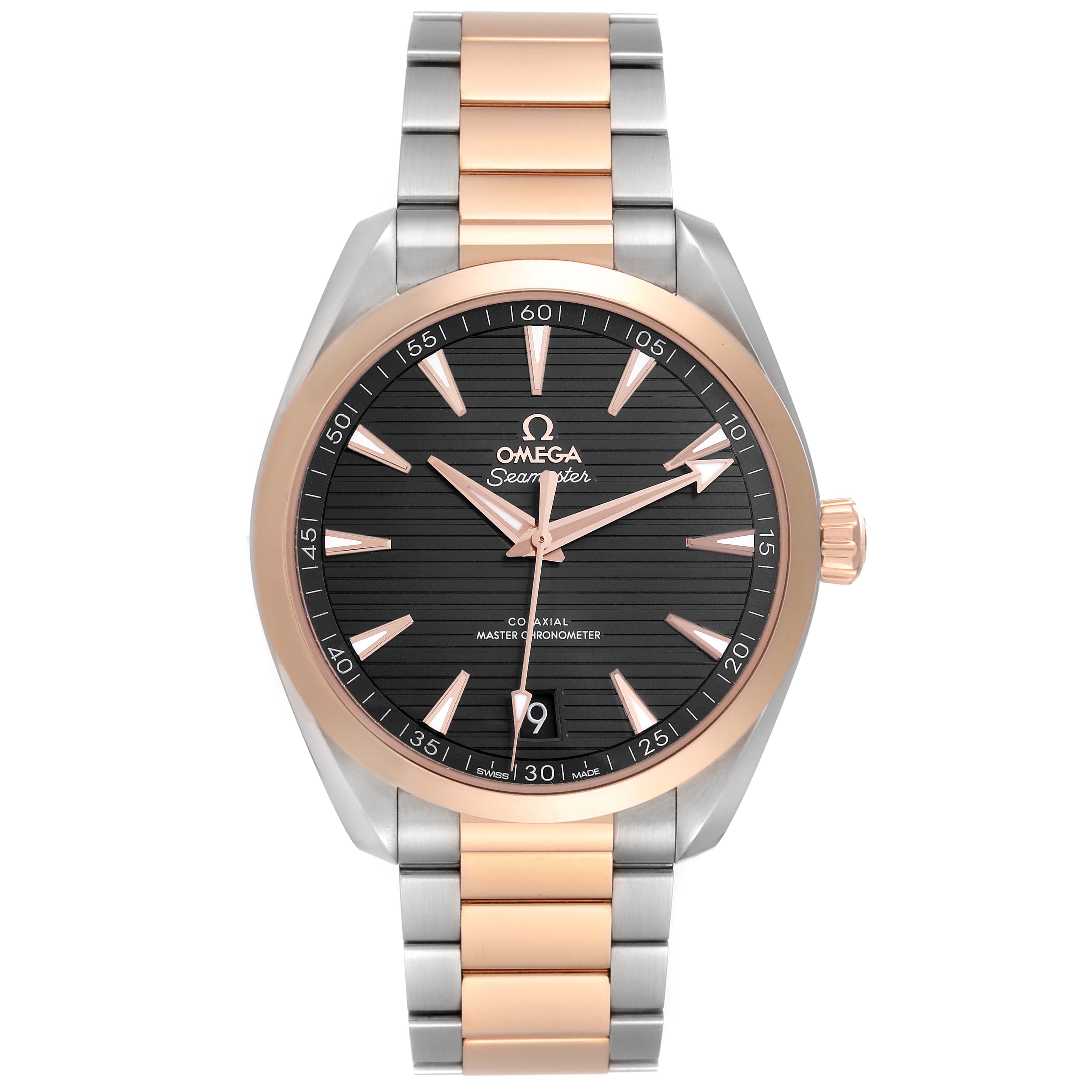 The image shows a frontal view of the Omega Aqua Terra 220.20.41.21.06.001 Men's Steel and Gold (two tone) Grey Dial 220.20.41.21.06.001 Men's Steel and Gold (two tone) Grey Dial watch with a two-tone bracelet and a black dial.