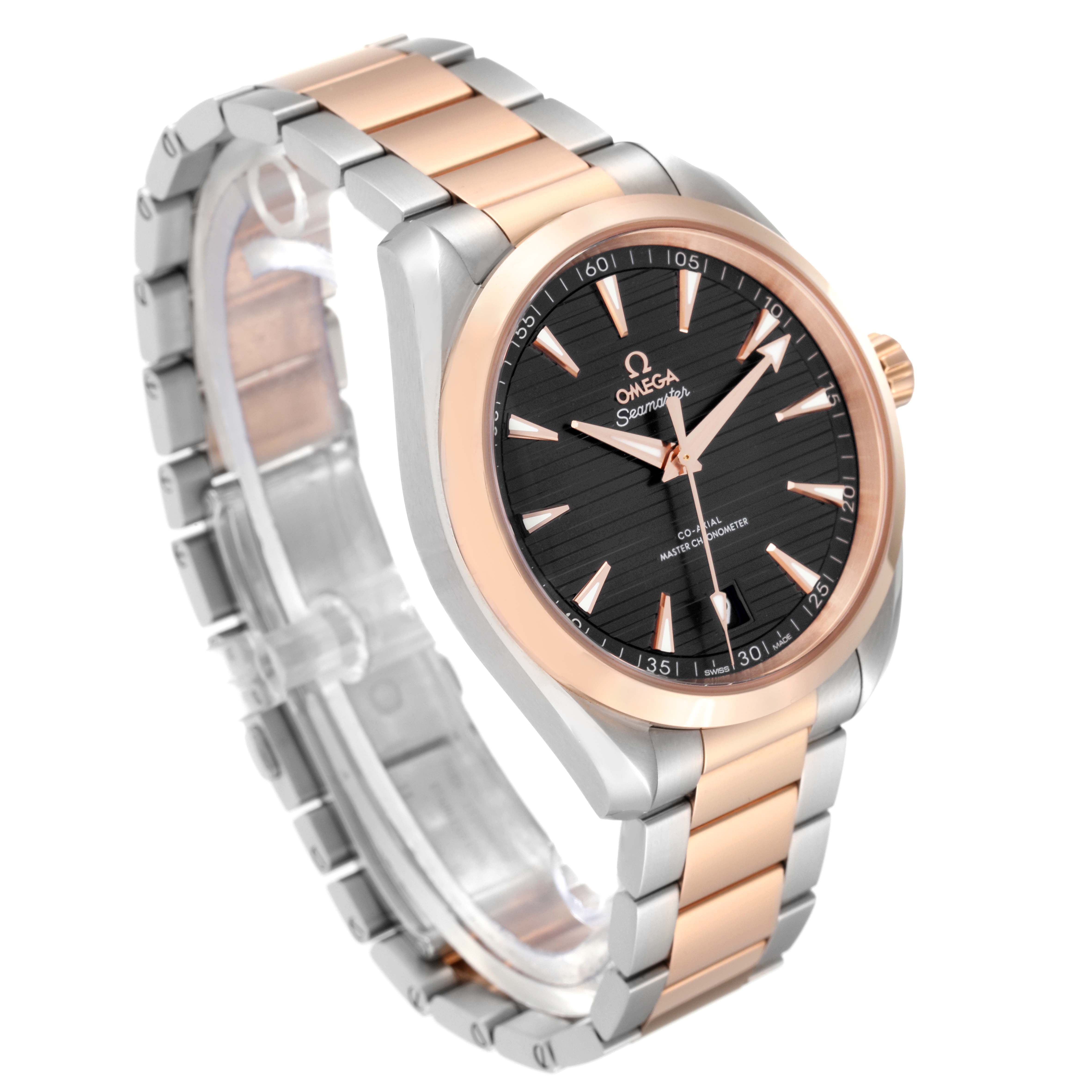 This image shows an Omega Aqua Terra 220.20.41.21.06.001 Men's Steel and Gold (two tone) Grey Dial 220.20.41.21.06.001 Men's Steel and Gold (two tone) Grey Dial watch at an angle highlighting its face, bezel, bracelet, and crown.