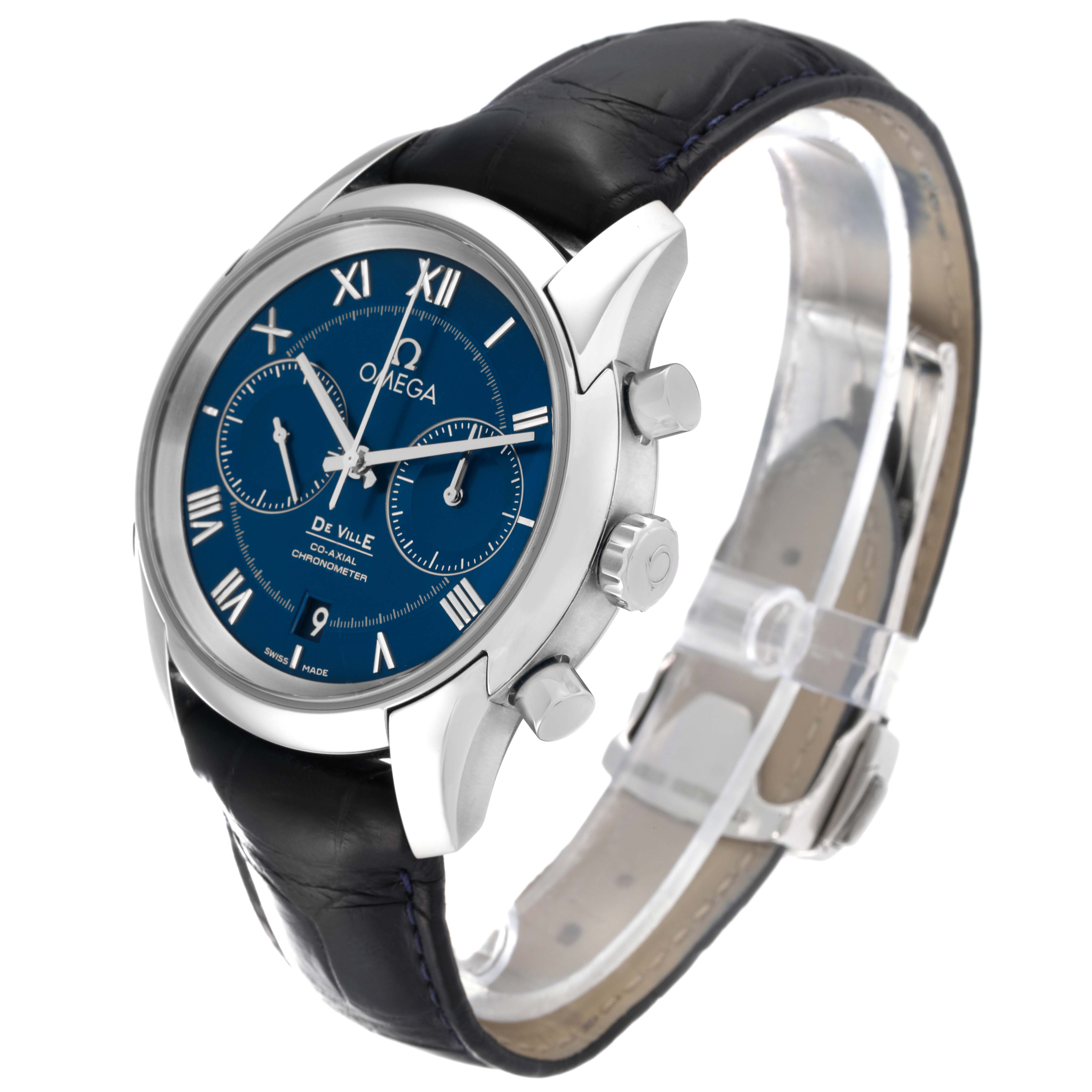 The image shows an Omega De Ville 431.13.42.51.03.001 Men's Stainless Steel Blue Dial 431.13.42.51.03.001 Men's Stainless Steel Blue Dial model watch at a three-quarter angle, highlighting its face, case, crown, and strap.