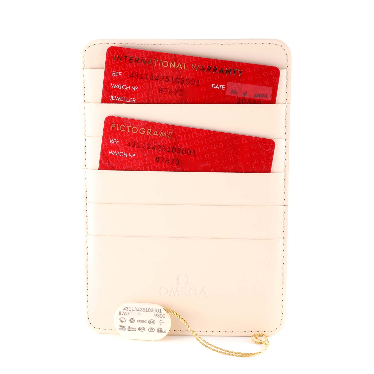 The image shows an Omega De Ville 431.13.42.51.03.001 Men's Stainless Steel Blue Dial 431.13.42.51.03.001 Men's Stainless Steel Blue Dial International Warranty and Pictograms cards in a cardholder with a tag attached.