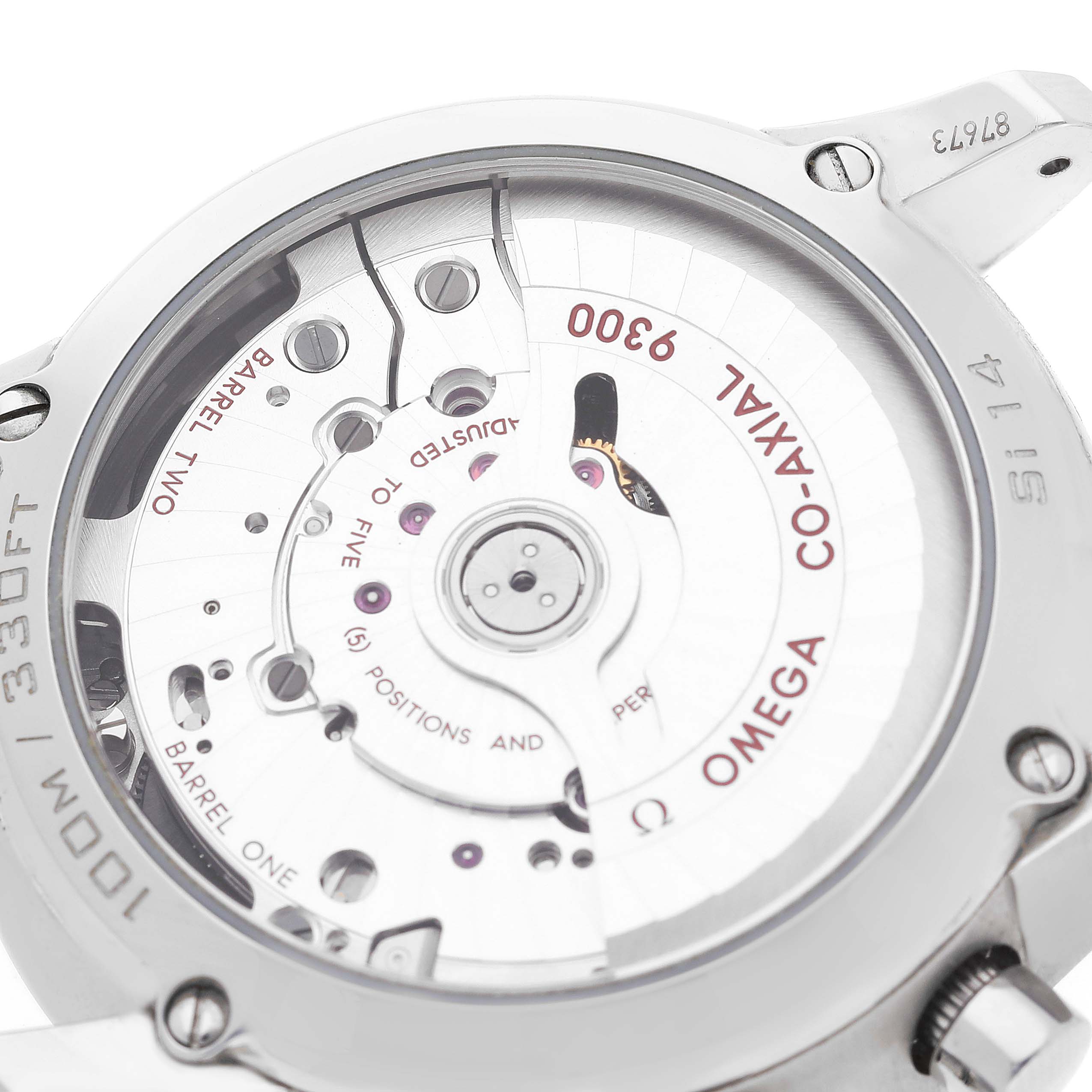 The image shows the back of the Omega De Ville 431.13.42.51.03.001 Men's Stainless Steel Blue Dial 431.13.42.51.03.001 Men's Stainless Steel Blue Dial watch, displaying its 9300 Co-Axial movement features.