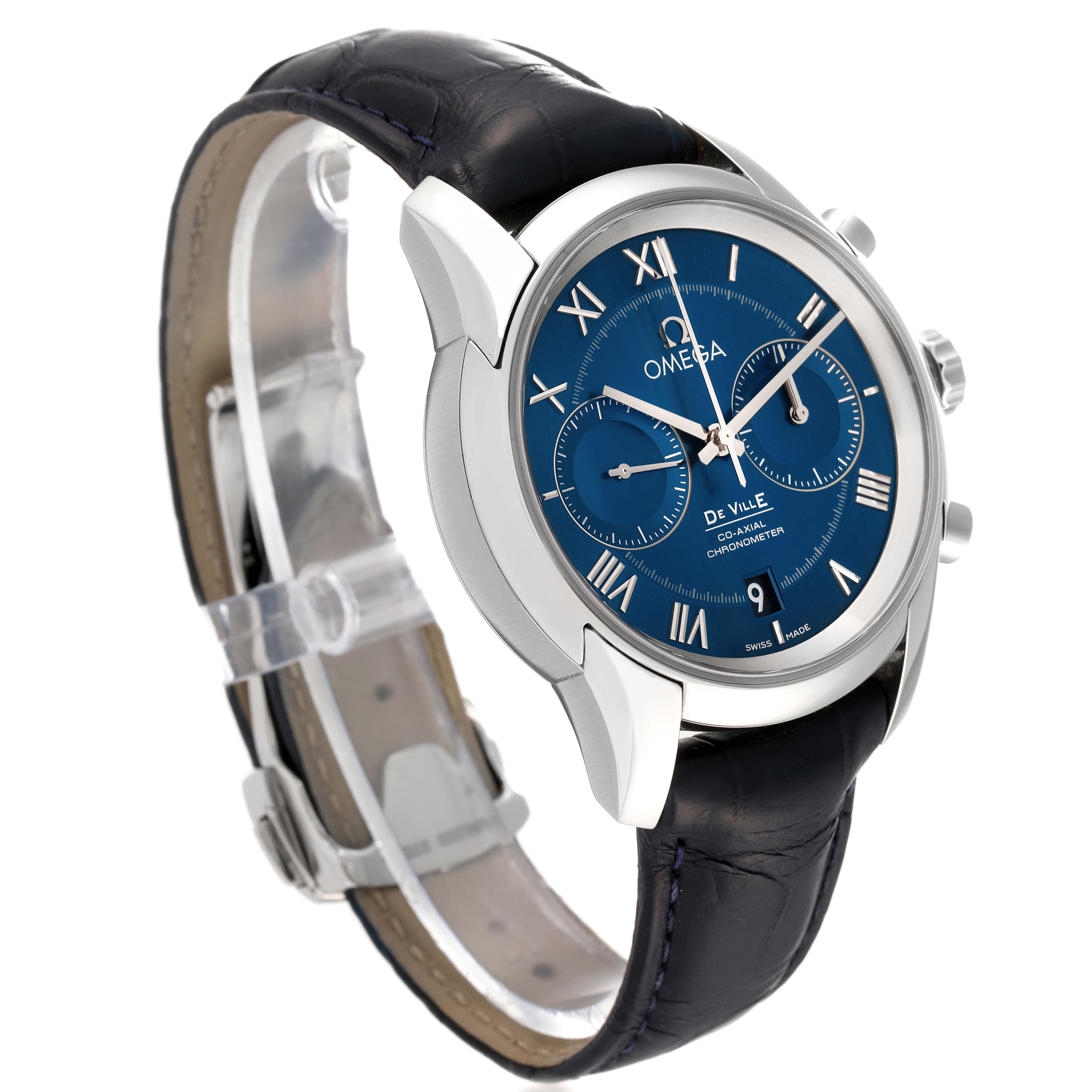 The image shows a side angle view of an Omega De Ville 431.13.42.51.03.001 Men's Stainless Steel Blue Dial 431.13.42.51.03.001 Men's Stainless Steel Blue Dial watch, featuring a blue dial, leather strap, and silver casing.