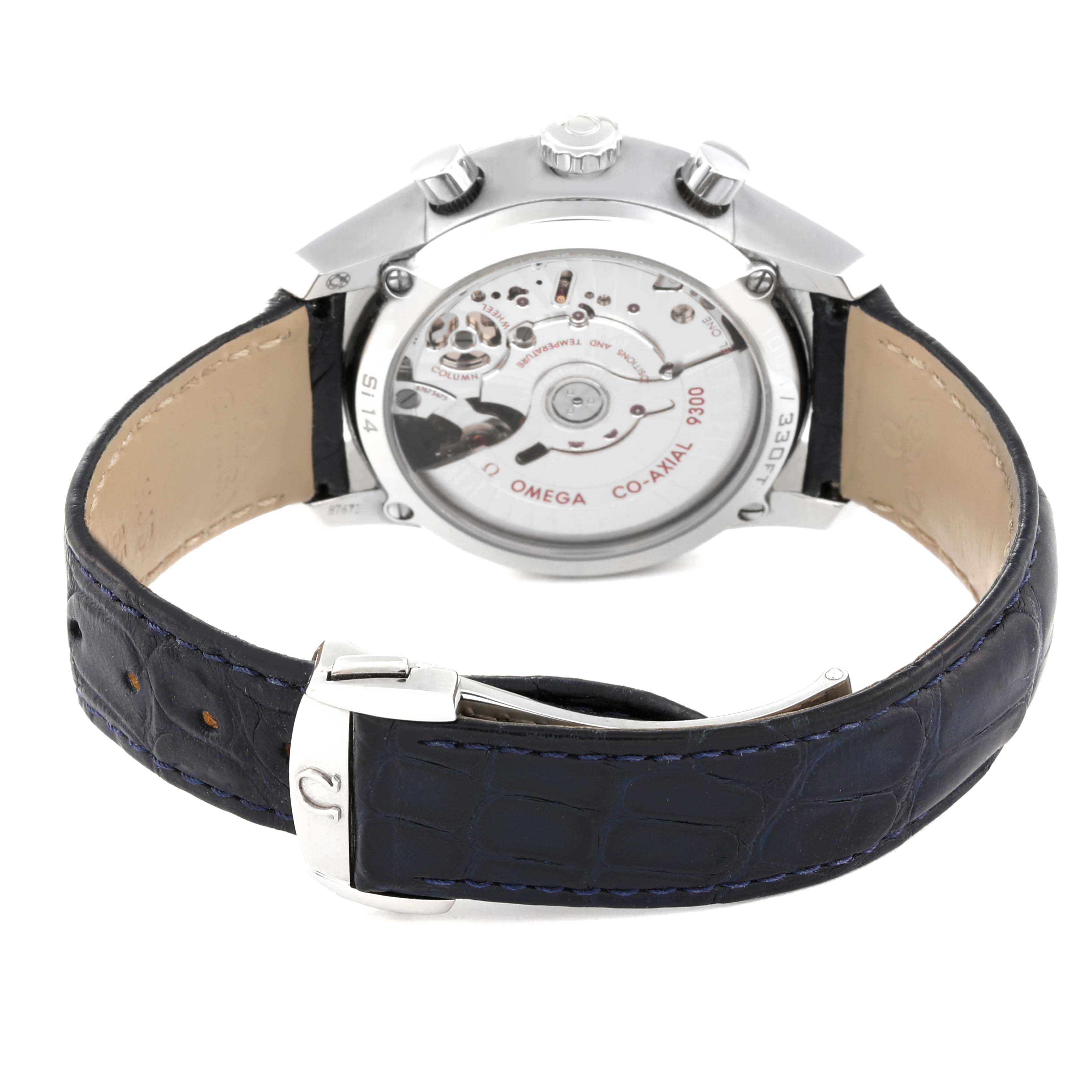 The image shows the back view of the Omega De Ville 431.13.42.51.03.001 Men's Stainless Steel Blue Dial 431.13.42.51.03.001 Men's Stainless Steel Blue Dial watch, highlighting the Co-Axial 9300 movement and leather strap.