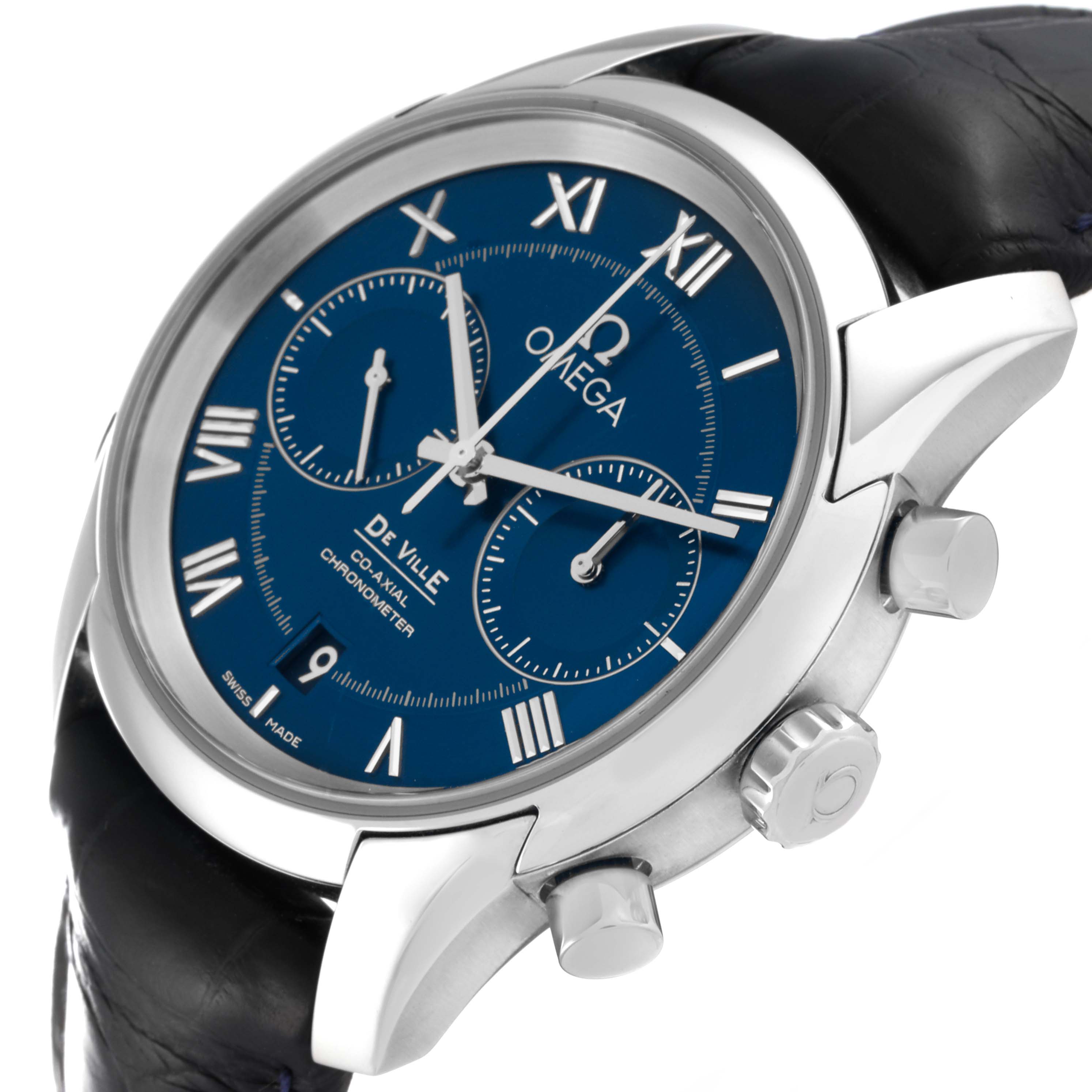 This image shows a side angle of the Omega De Ville 431.13.42.51.03.001 Men's Stainless Steel Blue Dial 431.13.42.51.03.001 Men's Stainless Steel Blue Dial watch, highlighting the face, case, crown, and leather strap.