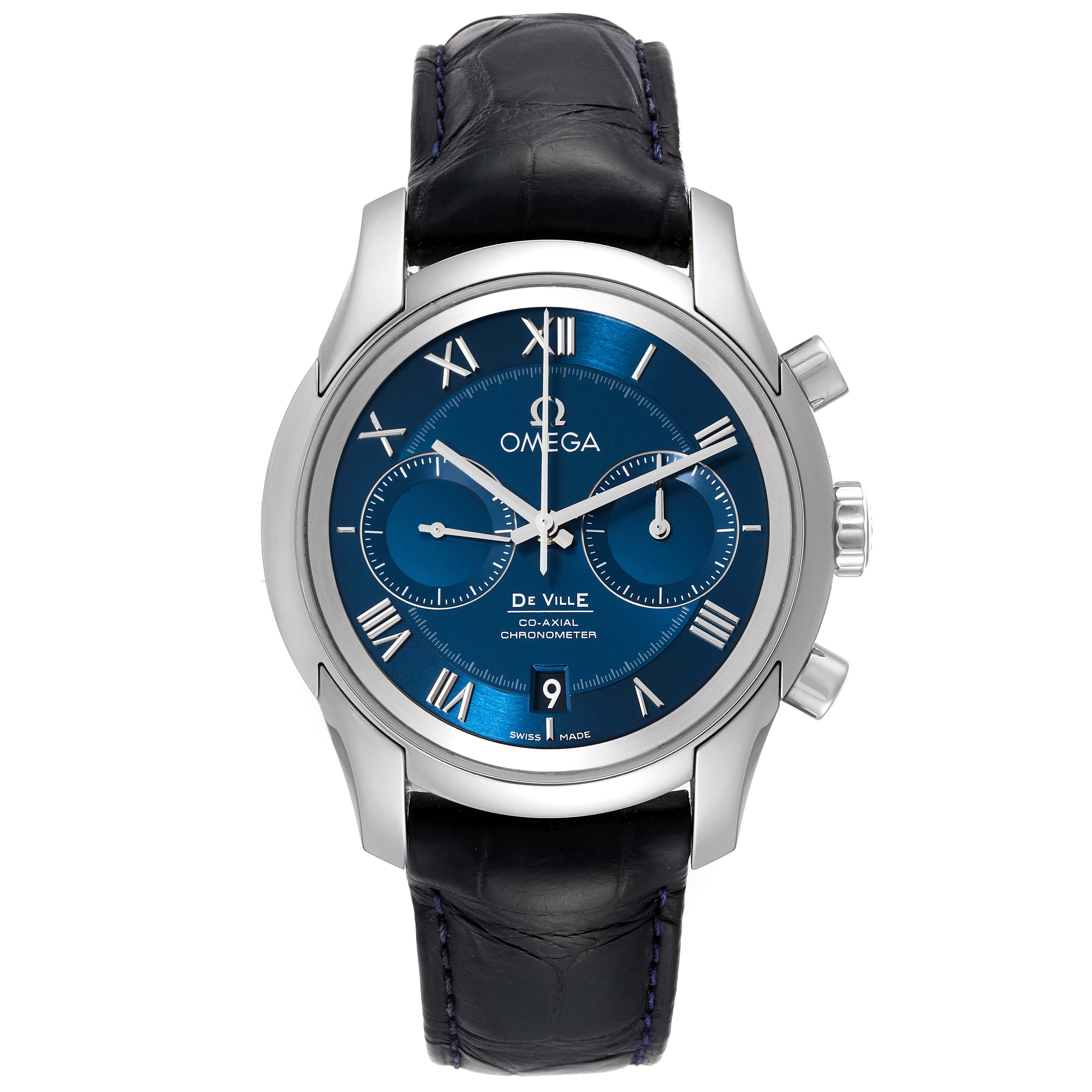 The image shows a front view of an Omega De Ville 431.13.42.51.03.001 Men's Stainless Steel Blue Dial 431.13.42.51.03.001 Men's Stainless Steel Blue Dial watch, displaying the face, bezel, crown, and leather strap.