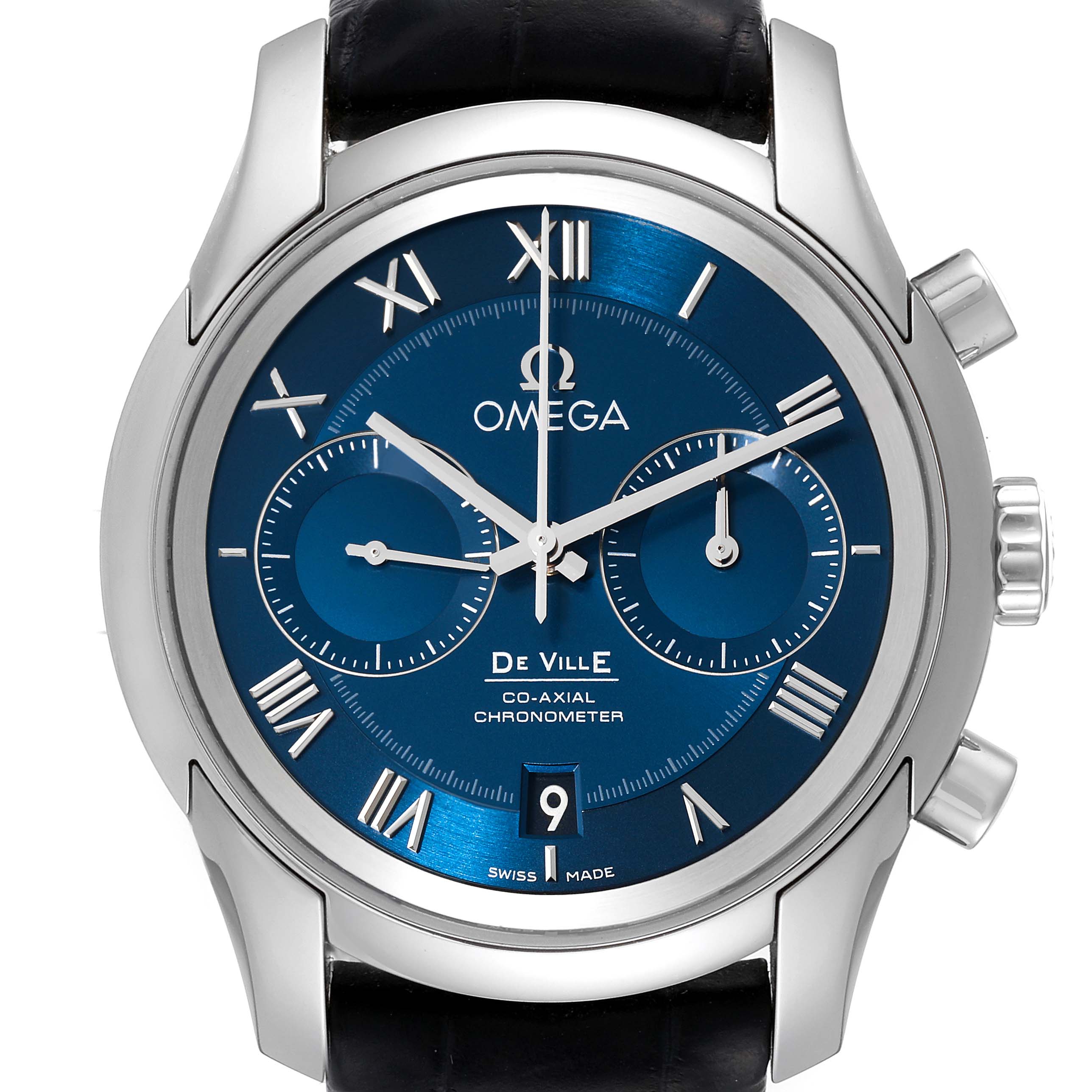 This image shows a front view of the Omega De Ville 431.13.42.51.03.001 Men's Stainless Steel Blue Dial 431.13.42.51.03.001 Men's Stainless Steel Blue Dial watch, highlighting its blue dial, chronograph subdials, and date window.