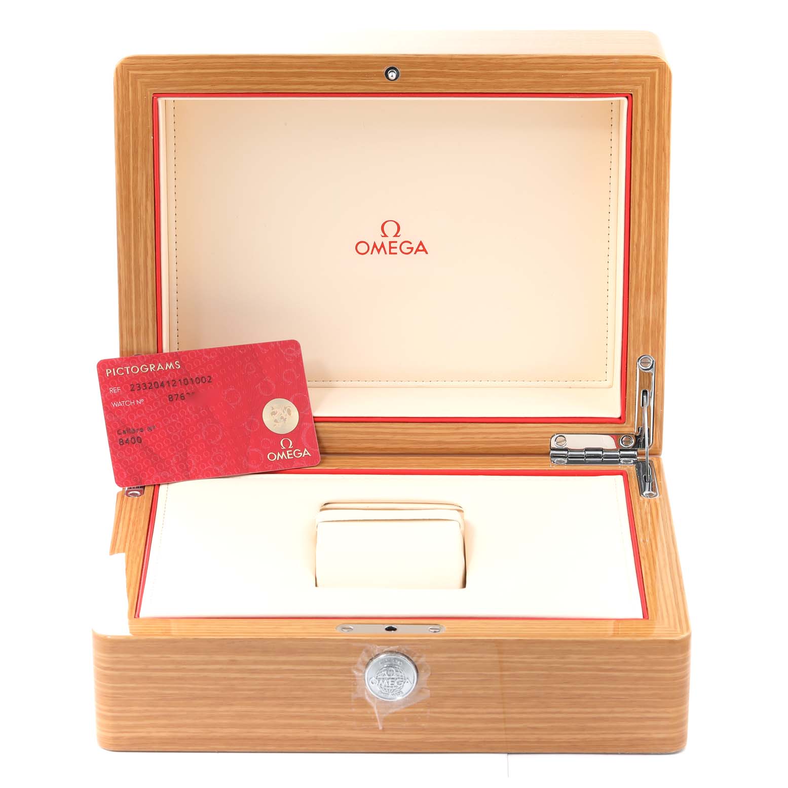 An open Omega Seamaster 233.20.41.21.01.002 Men's Steel and Gold (two tone) Black Dial 233.20.41.21.01.002 Men's Steel and Gold (two tone) Black Dial watch box is shown, containing the watch holder and a red pictogram card.