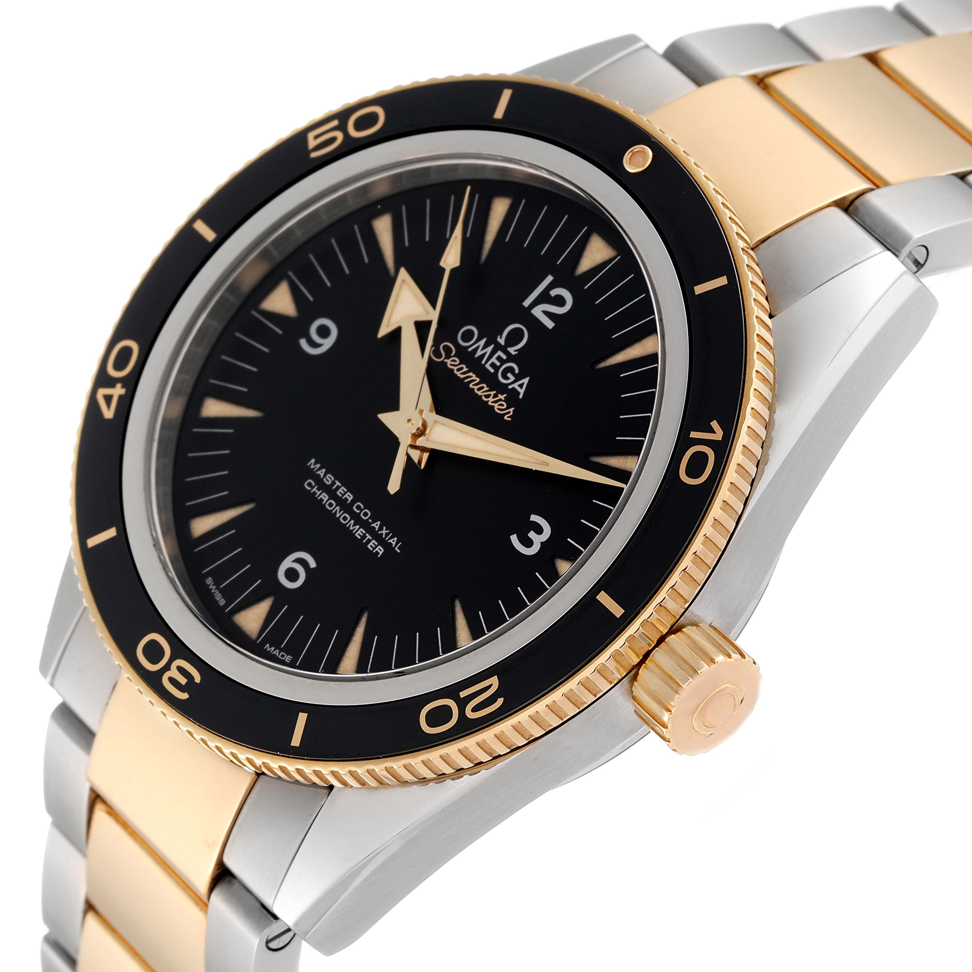This Omega Seamaster 233.20.41.21.01.002 Men's Steel and Gold (two tone) Black Dial 233.20.41.21.01.002 Men's Steel and Gold (two tone) Black Dial watch is shown at an angled view, highlighting its dial, bezel, crown, and two-tone bracelet.