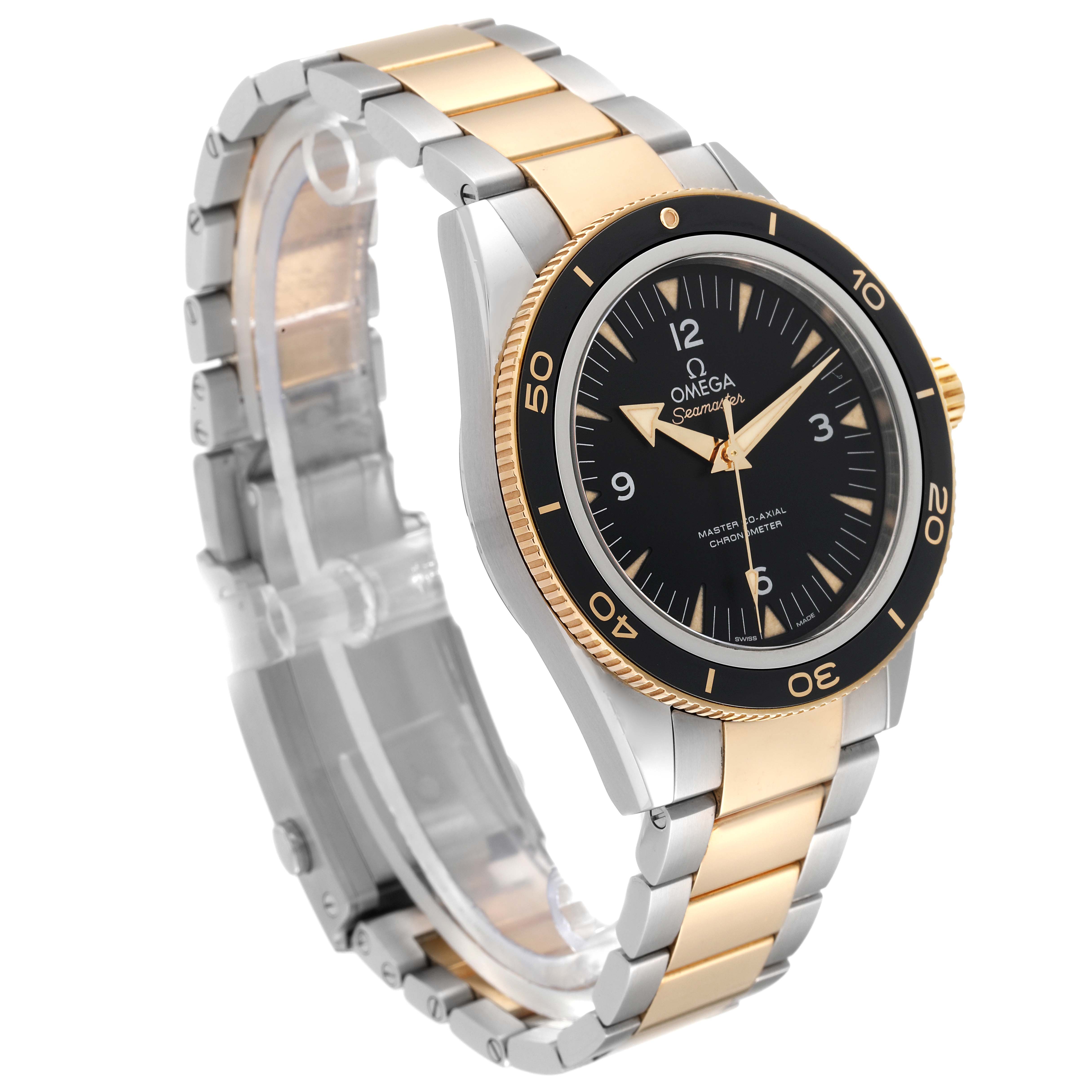 The photo shows a side-angle view of an Omega Seamaster 233.20.41.21.01.002 Men's Steel and Gold (two tone) Black Dial 233.20.41.21.01.002 Men's Steel and Gold (two tone) Black Dial watch, displaying the dial, bezel, crown, and part of the bracelet.